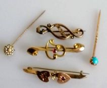 Three gem-set Edwardian brooches, stamped 9ct gold, (one with repair and stones missing) together