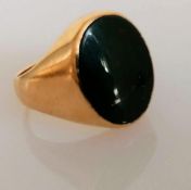 A yellow gold signet ring with oval bloodstone, stamped 14k, size L, 6.62g