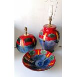 A Poole Pottery Infusion design purse lamp, 36 cm; Roman lamp, 46 cm and matching bowl, diameter