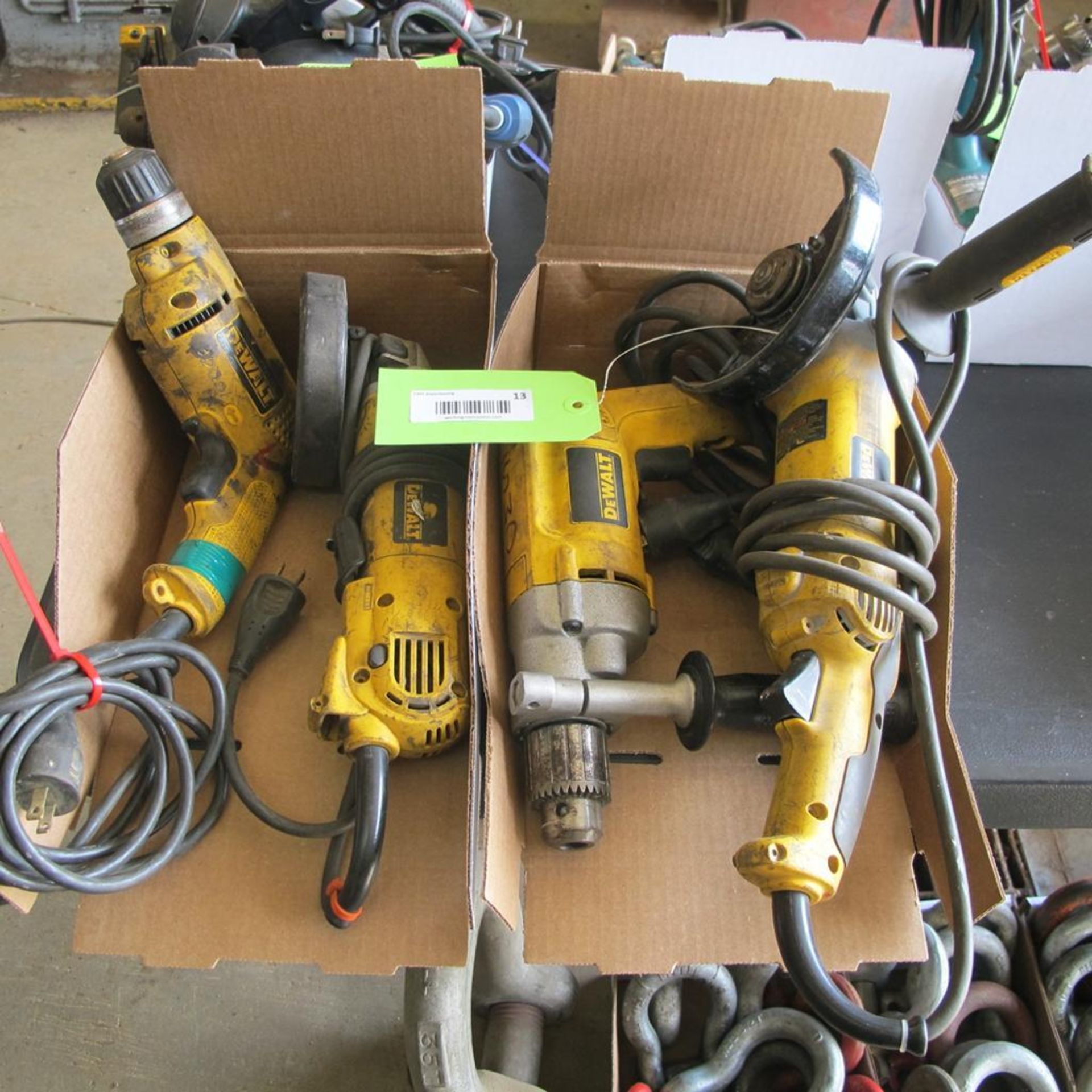 LOT OF 4 DEWALT POWER TOOLS (D28065N, 5" ANGLE GRINDER, DW235G 1/2" VSR DRILL, D28402 4 1/2" ANGLE G