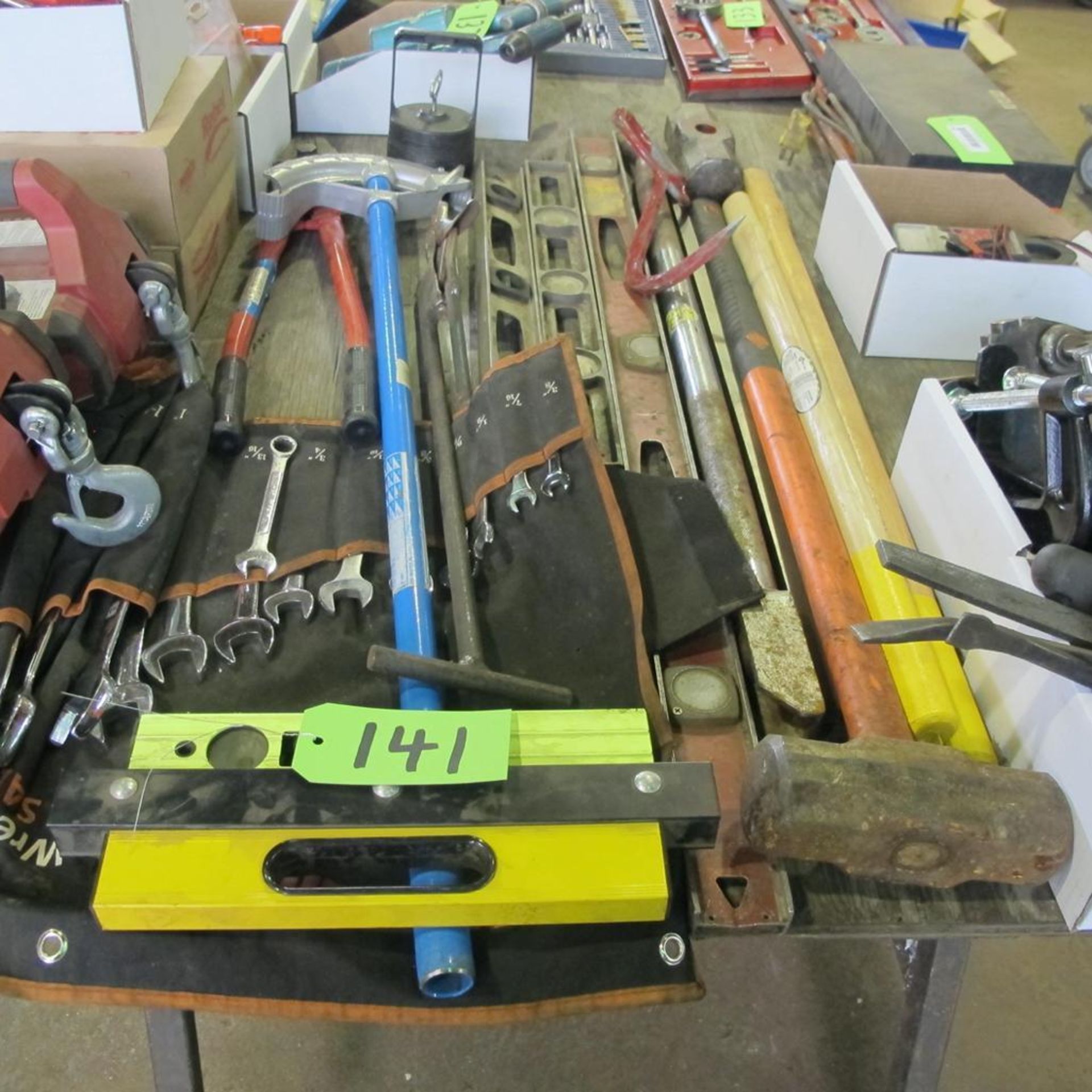 LOT OF HAND TOOLS (WRENCH SET, CRIMPER, CONDUIT BENCHES, LEVELS, VISE GRIP, SLEDGE HAMMERS, HOCK PUL
