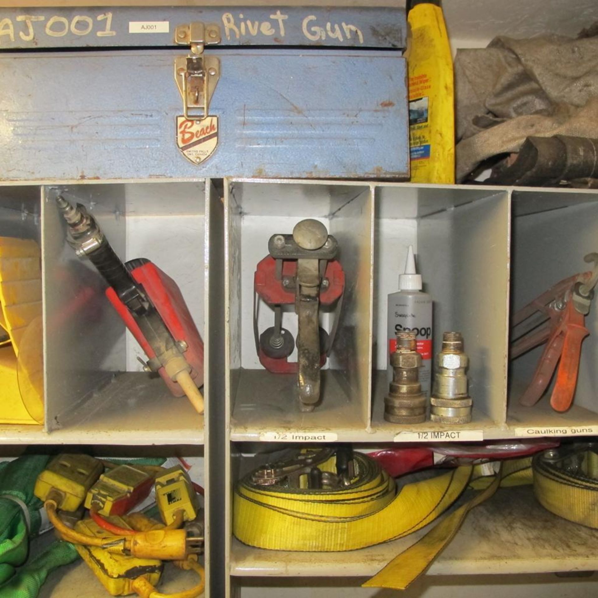 CONTENTS OF 2 UPPER SHELVES IN CAGE (INCL STRAPS, HILTI HDM 500 DISPENSERS, TOOL BOX, ROPES, FIRE BL - Image 2 of 6
