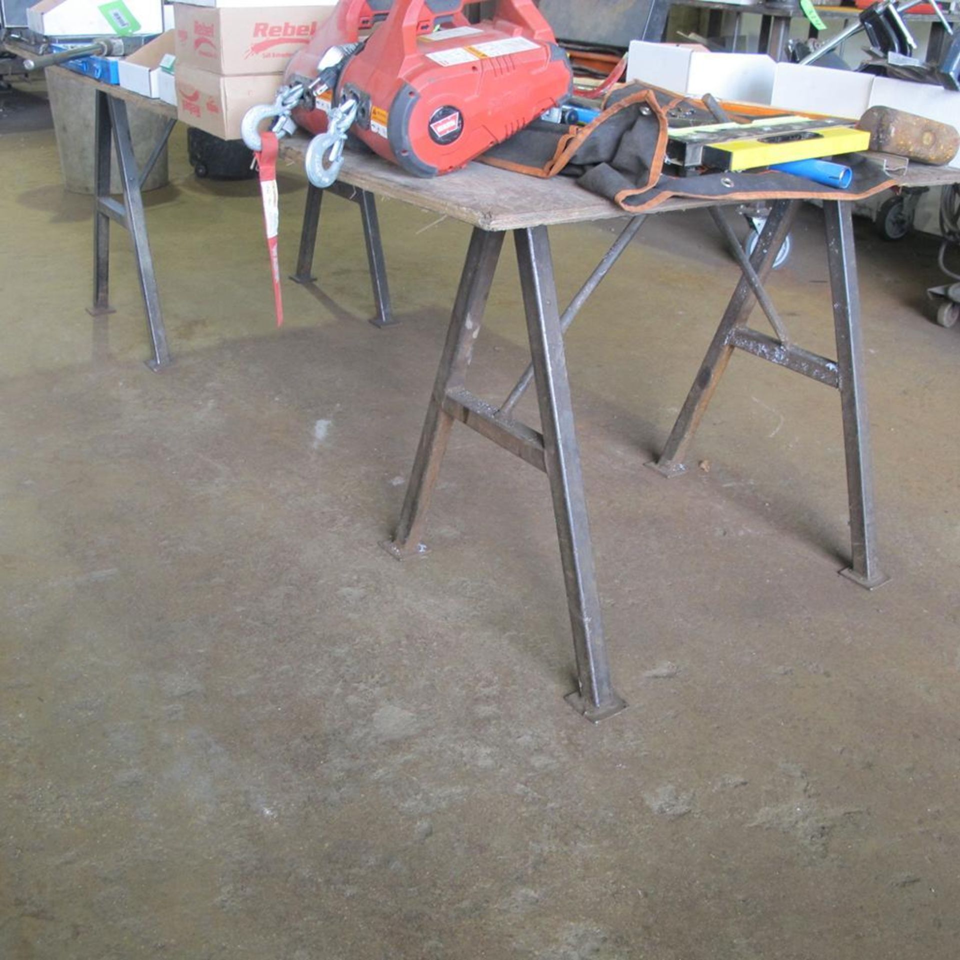 LOT OF 13 METAL SAW HORSES AND 4 SHEETS OF PLYWOOD (MAIN BLDG) - Image 2 of 5