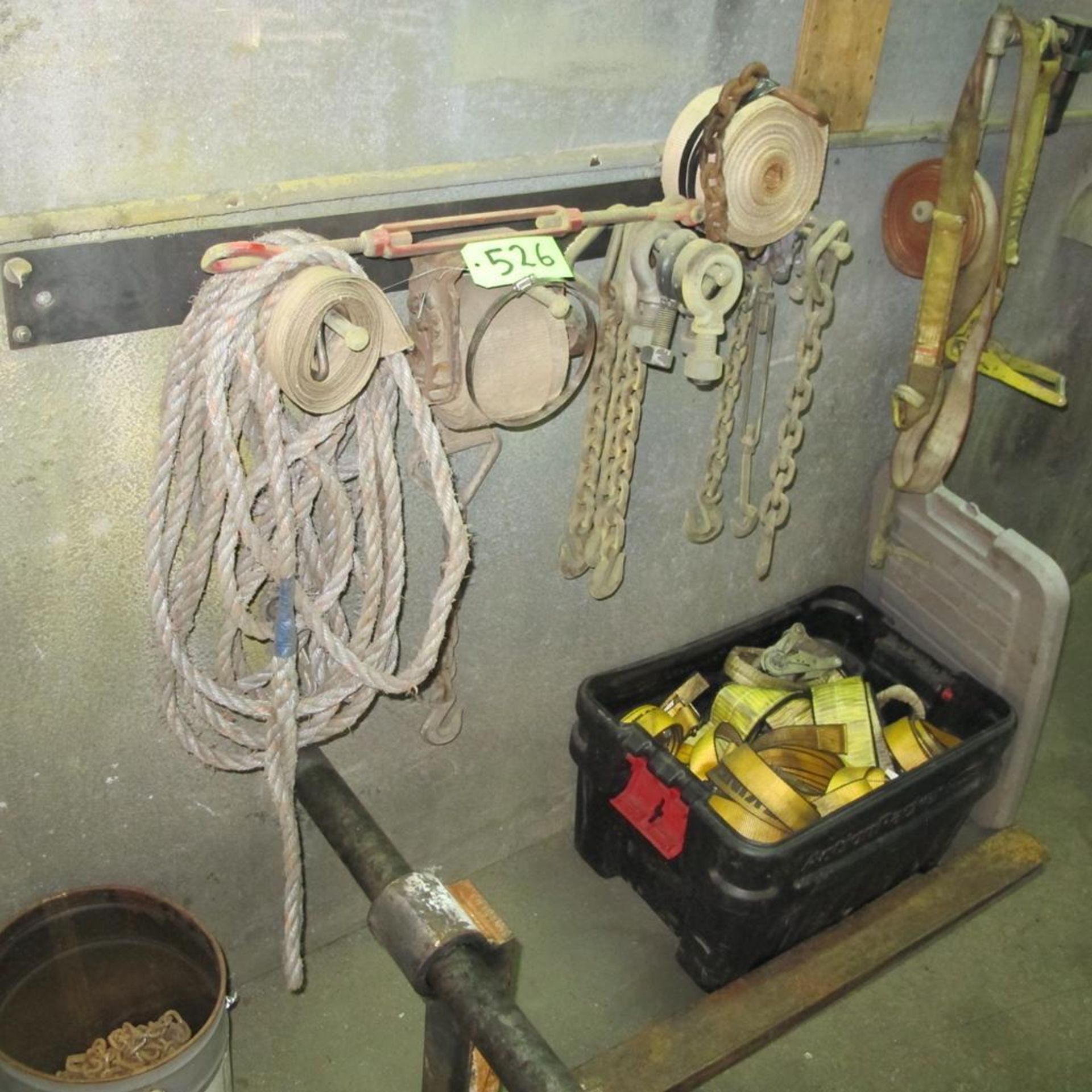 LOT OF RIGGING STRAPS, CHAINS, ROPE, ETC (NO FORKTRUCK FORKS) (PAINT BLDG)