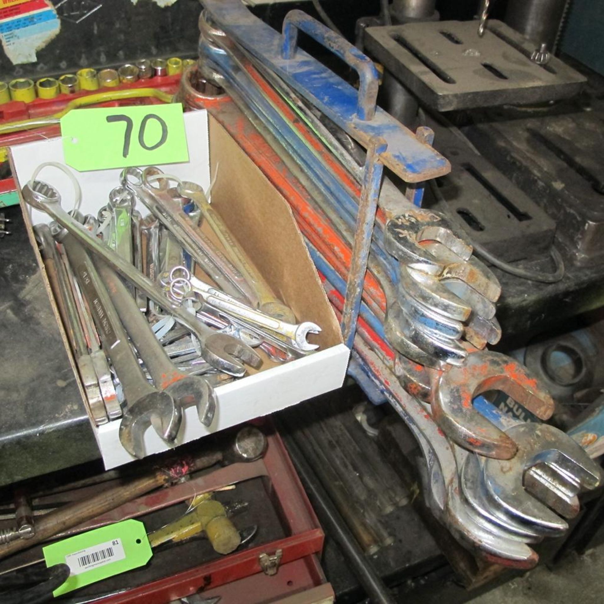 LOT OF LARGE HAND WRENCH SET AND BOX OF SMALL HAND WRENCHES (IN WEST BLDG)