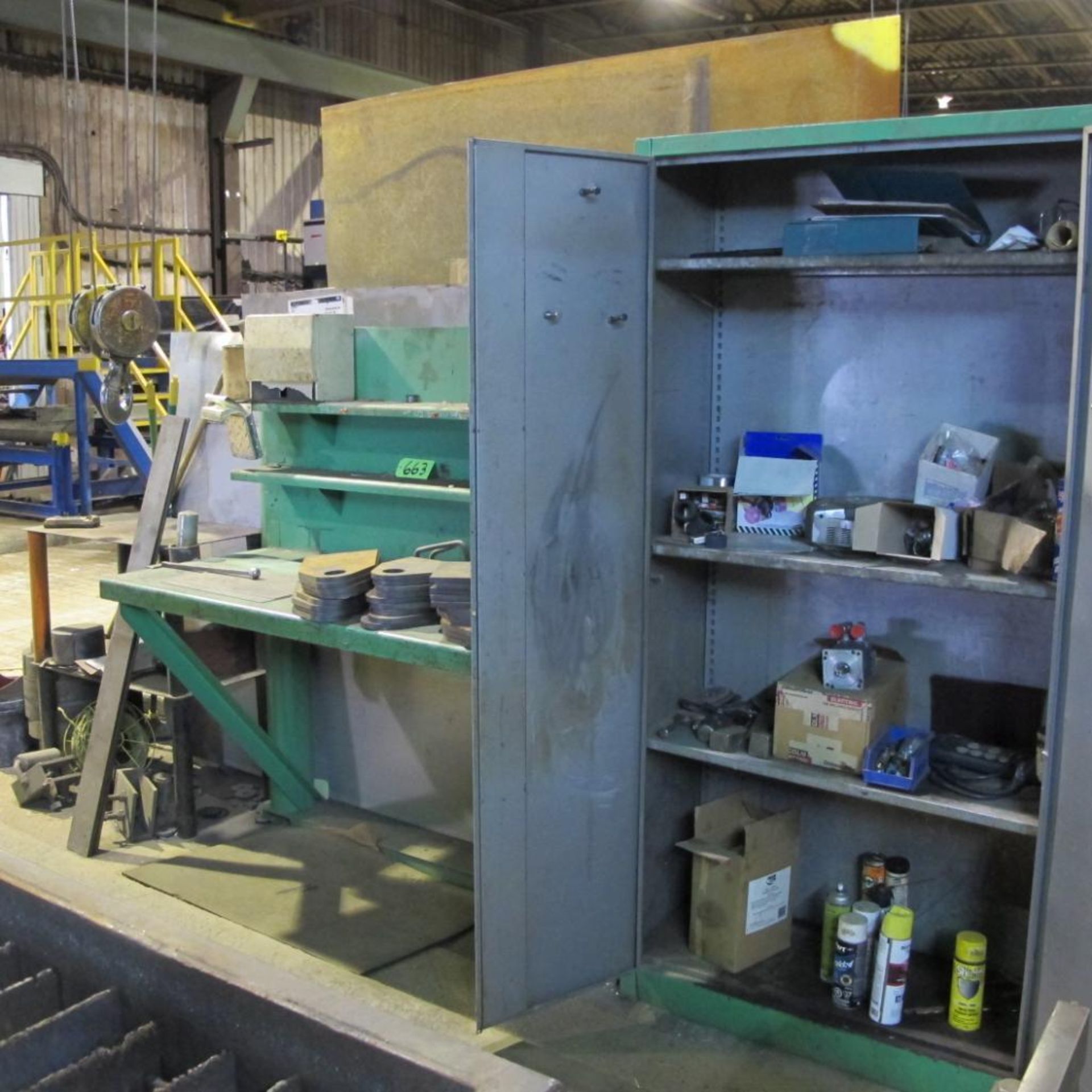 WORK BENCH, 2 DOOR CABINET W/SUPPLIES, SMALL TABLE W/CONTENTS (PLASMA CUTTING BAY)