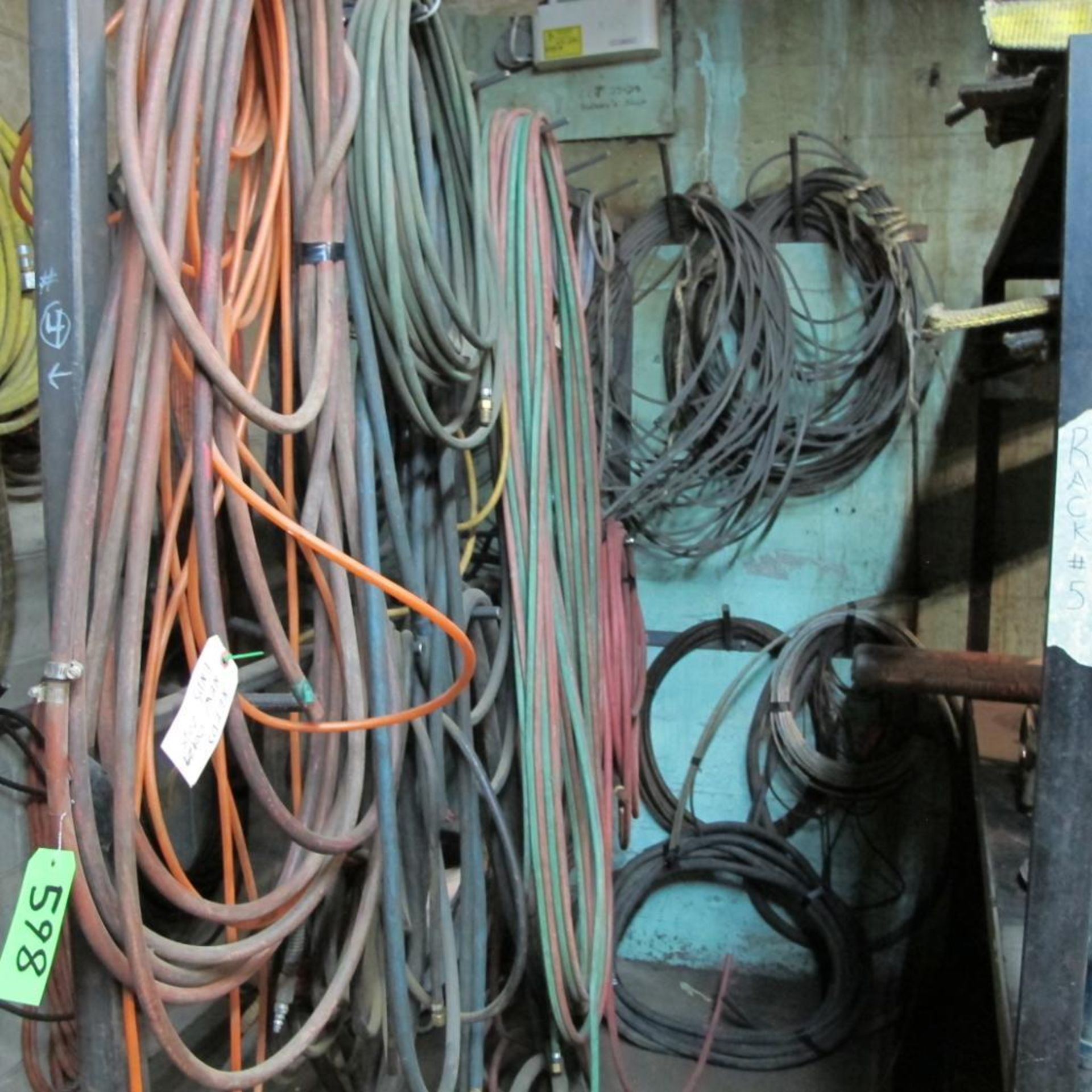 LOT OF HANGING CABLES, WIRE SLINGS, HOSES, STEEL CABLES, WIRE REELS AND HOSES (LOWER CRIB) - Image 2 of 5