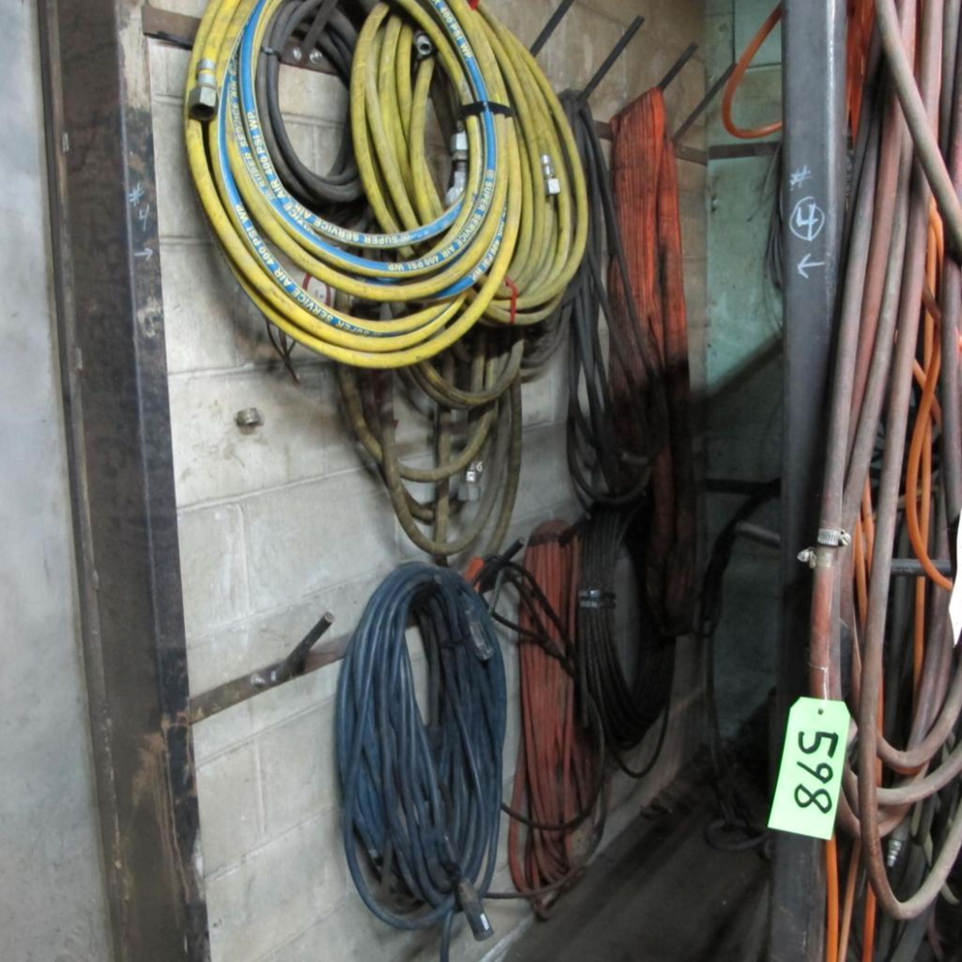 LOT OF HANGING CABLES, WIRE SLINGS, HOSES, STEEL CABLES, WIRE REELS AND HOSES (LOWER CRIB) - Image 3 of 5