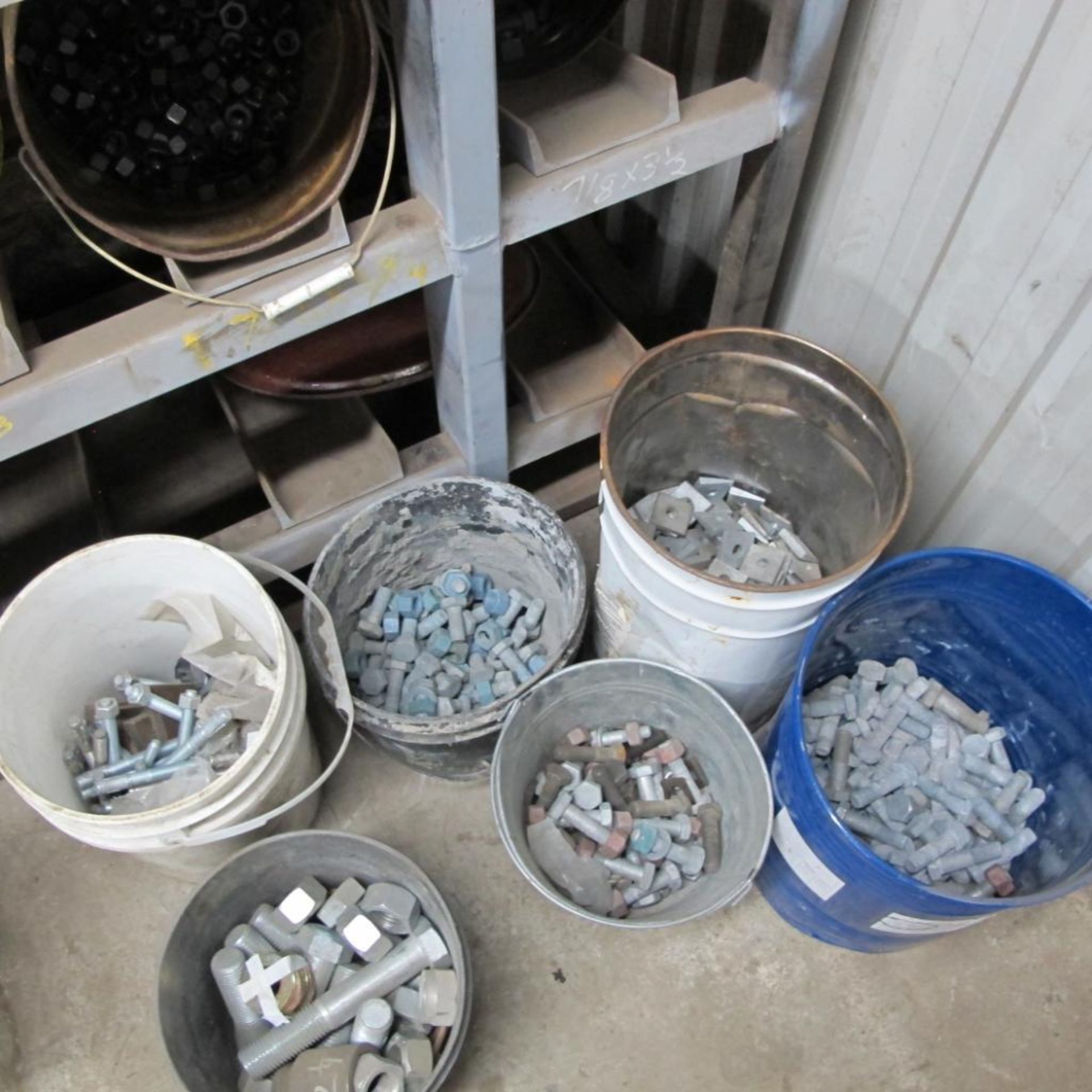 LOT OF RACK W/BUCKETS OF FASTENERS W/PALLET OF FASTENERS/CRATE OF MACHINE GUARDS (LOWER CRIB) - Image 3 of 7
