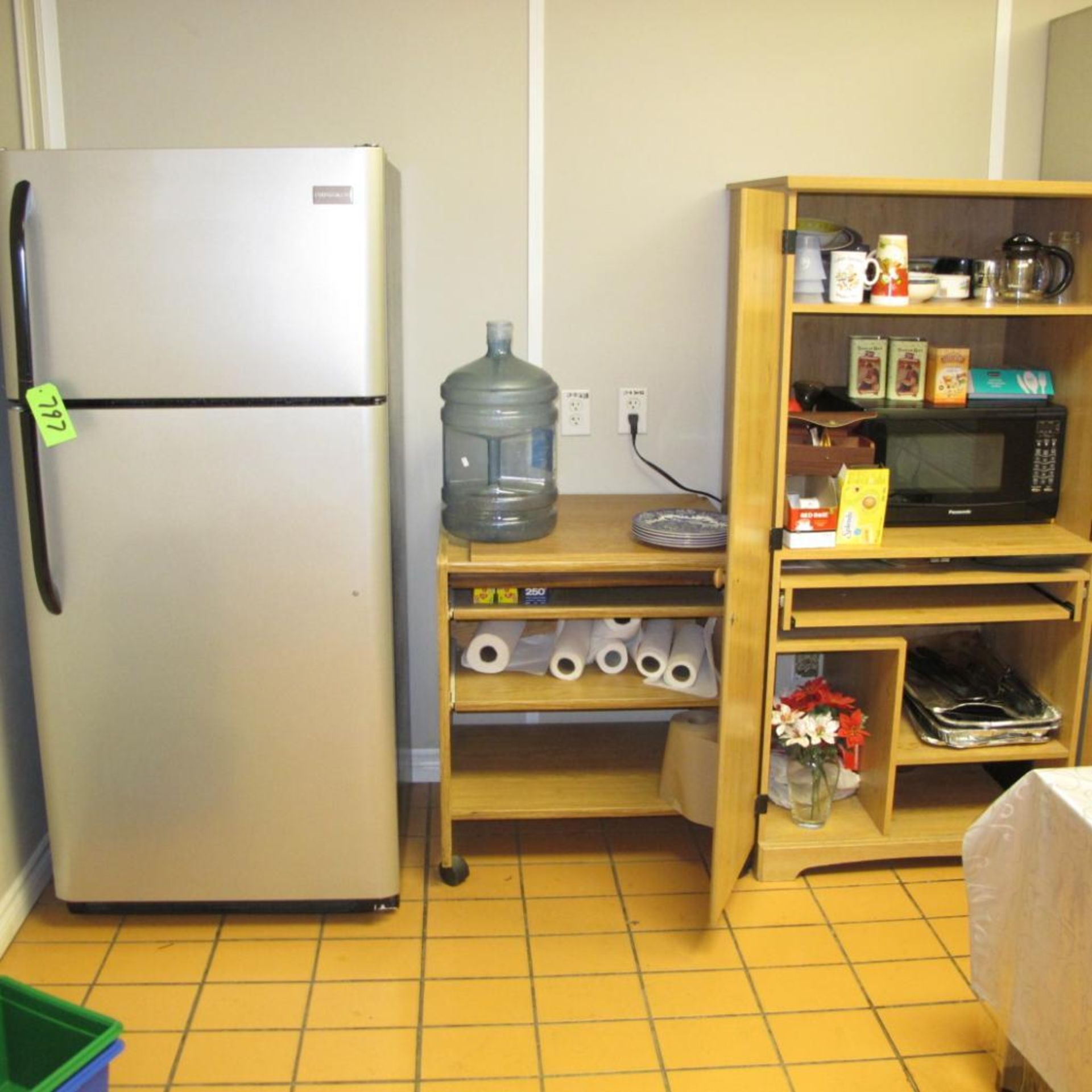 CONTENTS OF KITCHEN INCL FRIGIDAIRE FRIDGE, NEWCO COFFEE MAKER, TABLE, 2 CABINETS, PANASONIC MICROWA