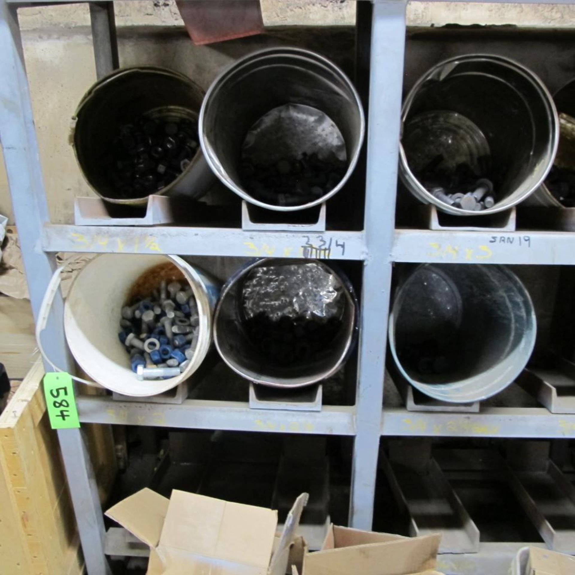 LOT OF RACK W/BUCKETS OF FASTENERS W/PALLET OF FASTENERS/CRATE OF MACHINE GUARDS (LOWER CRIB) - Image 5 of 7