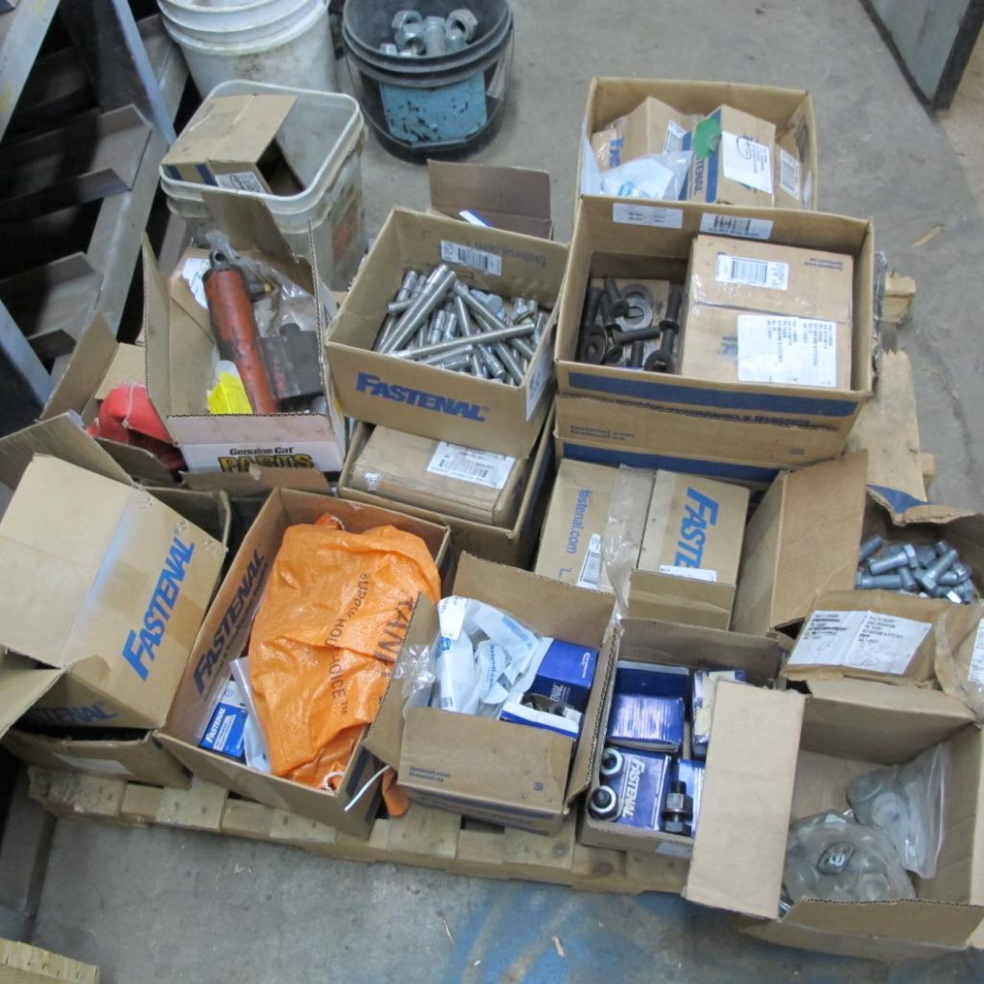 LOT OF RACK W/BUCKETS OF FASTENERS W/PALLET OF FASTENERS/CRATE OF MACHINE GUARDS (LOWER CRIB) - Image 2 of 7