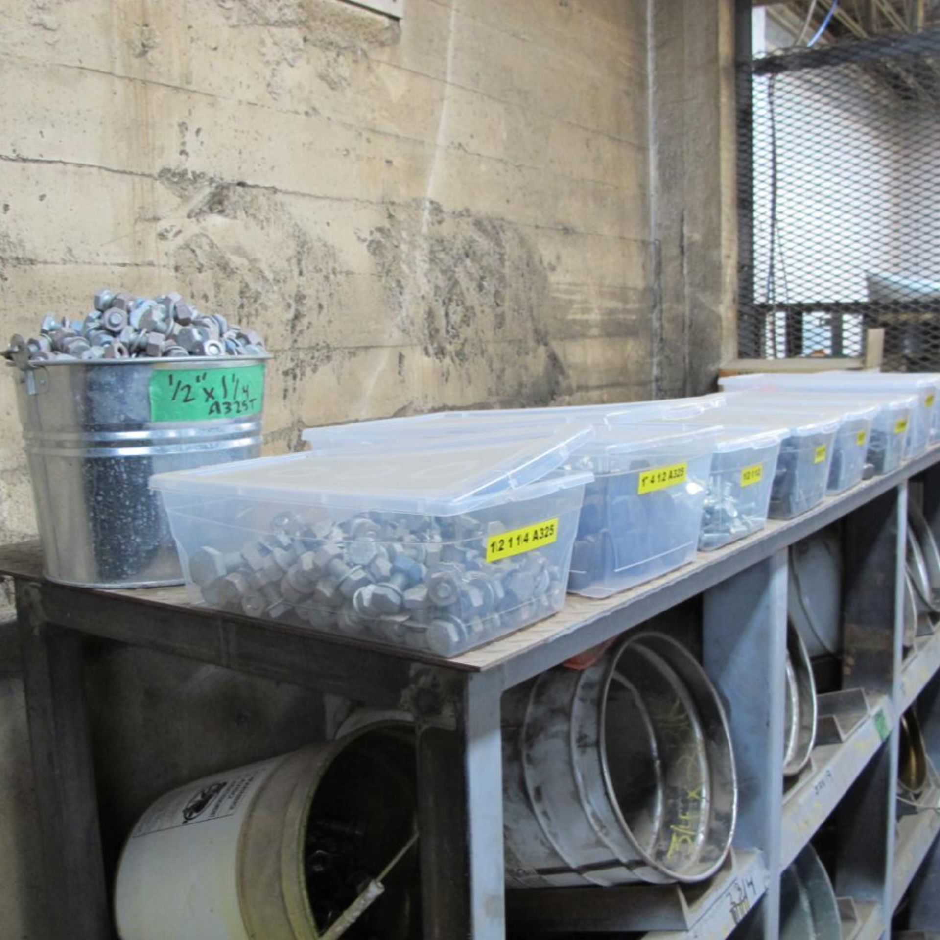 LOT OF RACK W/BUCKETS OF FASTENERS W/PALLET OF FASTENERS/CRATE OF MACHINE GUARDS (LOWER CRIB) - Image 6 of 7