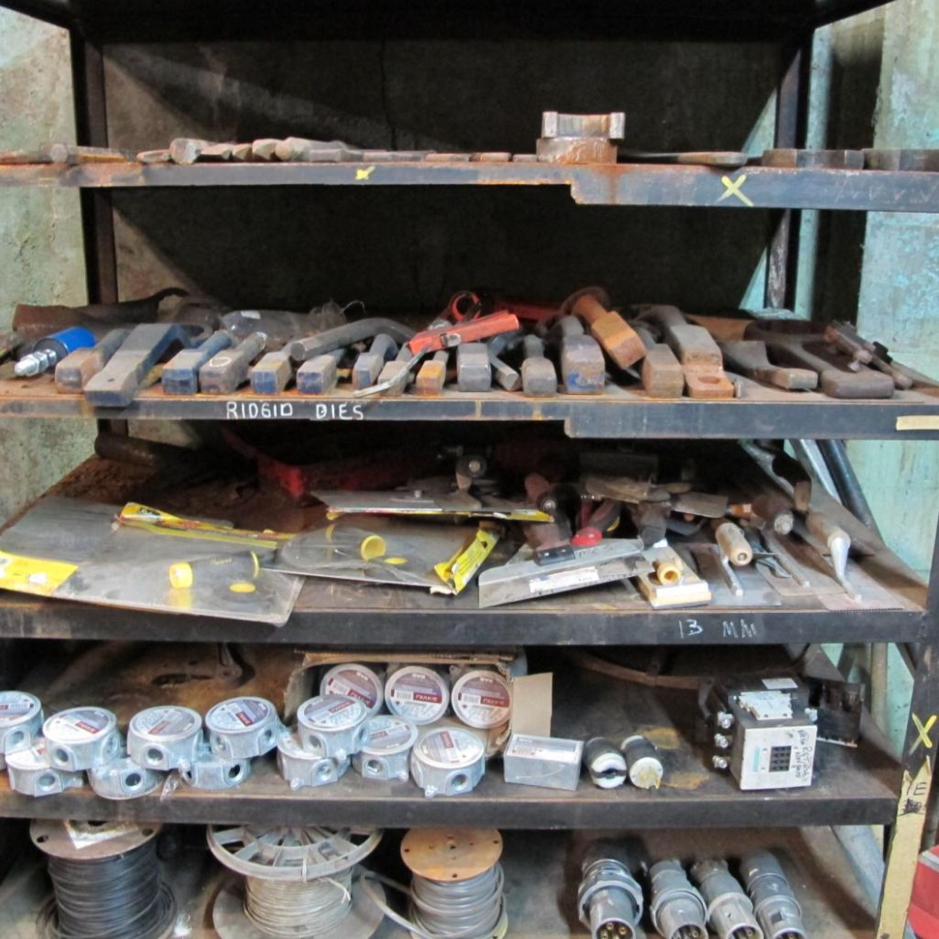 METAL SHELVING UNIT W/ELECTRICAL, TROWELS, WRENCHES, CHISEL BITS, 2 SAFETY PACS (LOWER CRIB) - Image 4 of 5