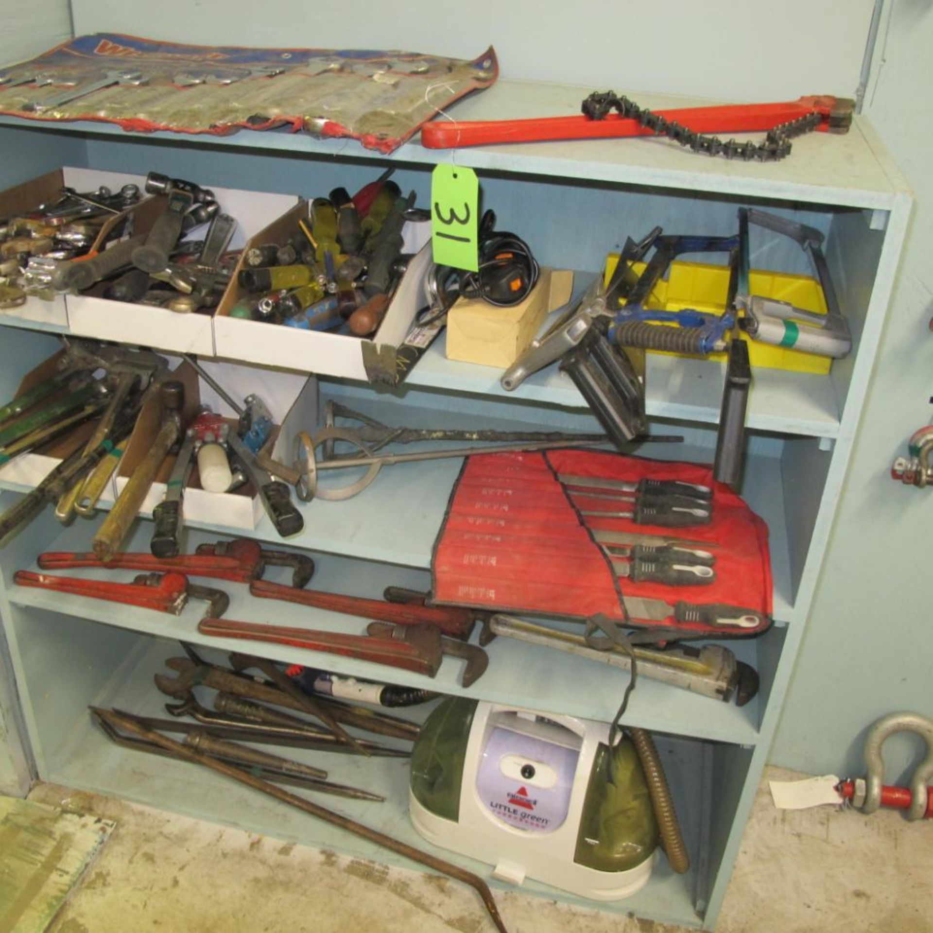 LOT OF HAND TOOLS W/BISSELL LITTL GREEN TURBO BRUSH AND SHELVING UNIT (UPPER TOOL CRIB) - Image 3 of 3