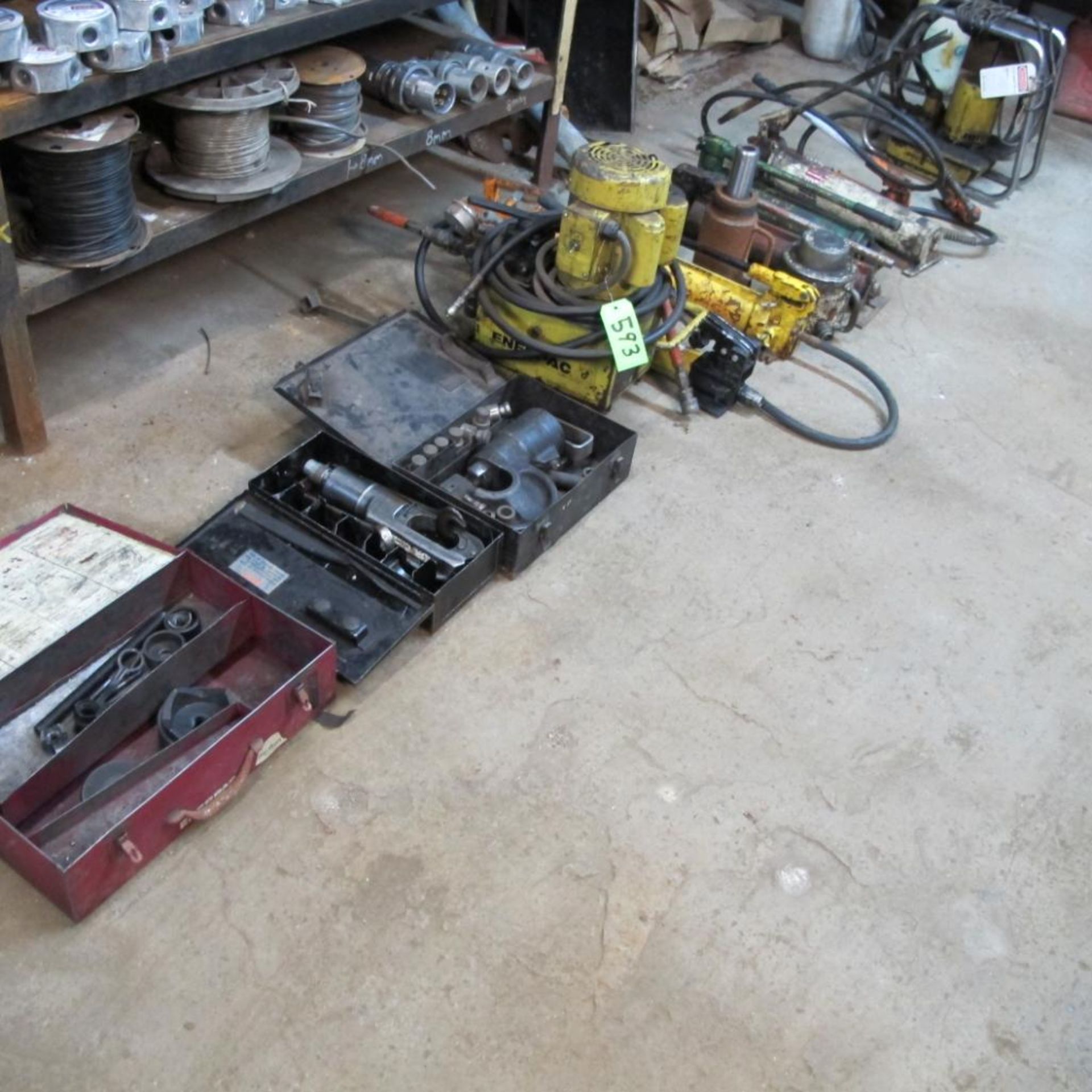 LOT OF ENERPAC HYDRAULIC POWER PACK, PUMPS, RAMS, KNOCKOUT KIT, Y46 PRESS AND HYDRAULIC PUNCH PRESS