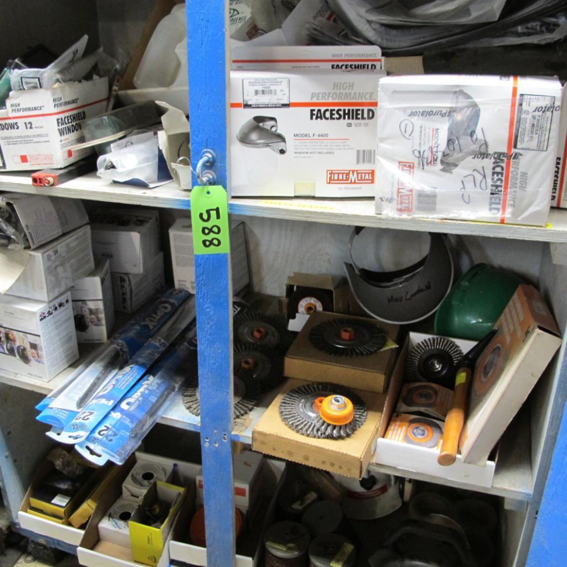 LOT OF 2 DOOR WOOD CABINET W/SAFETY SUPPLIES, GRINDING WHEELS/WIRE WHEELS, ETC AND CONTENTS OF 2 YEL - Image 5 of 9