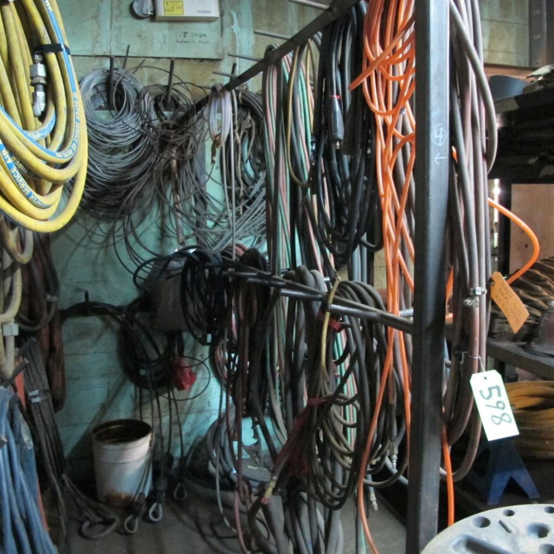 LOT OF HANGING CABLES, WIRE SLINGS, HOSES, STEEL CABLES, WIRE REELS AND HOSES (LOWER CRIB) - Image 4 of 5