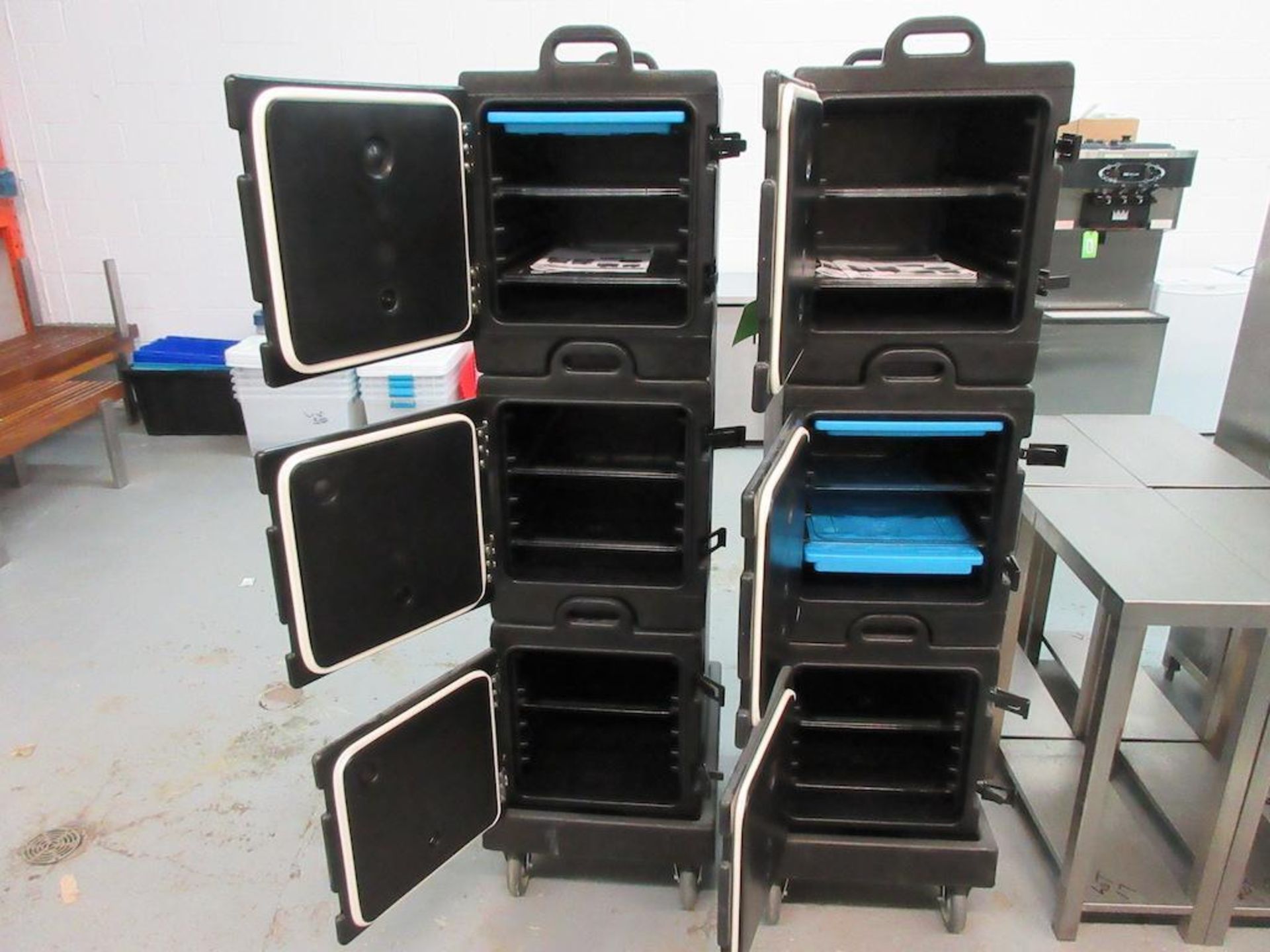 Lot 6 Cambro insulated transporters, 17"w x 24"d x 20"h, adjustable shelves, plus 2 rolling bases - Image 3 of 6