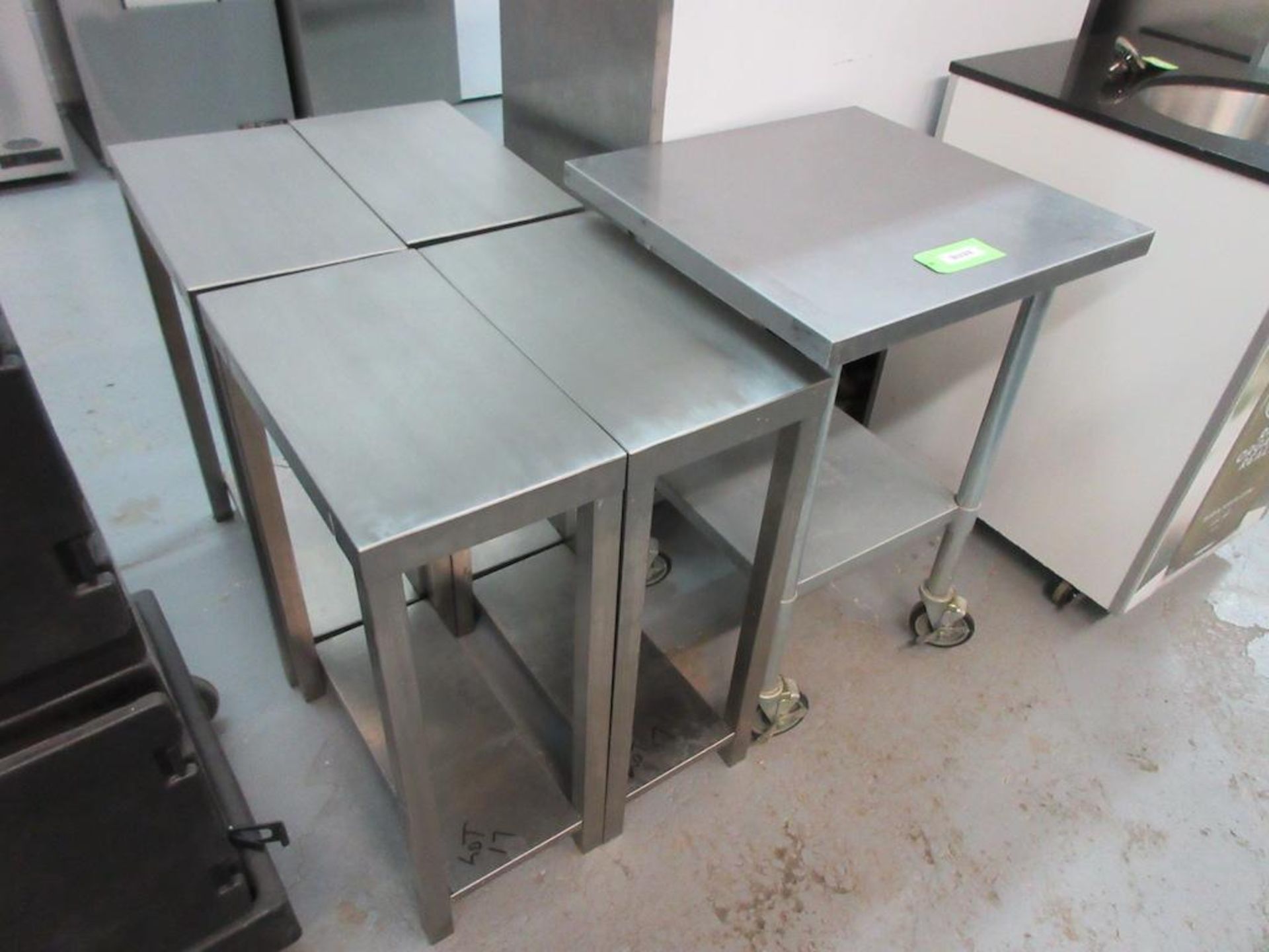 Lot 5 stainless steel prep tables: 24"x24" portable, (4) 12"x22" stationary - Image 2 of 4