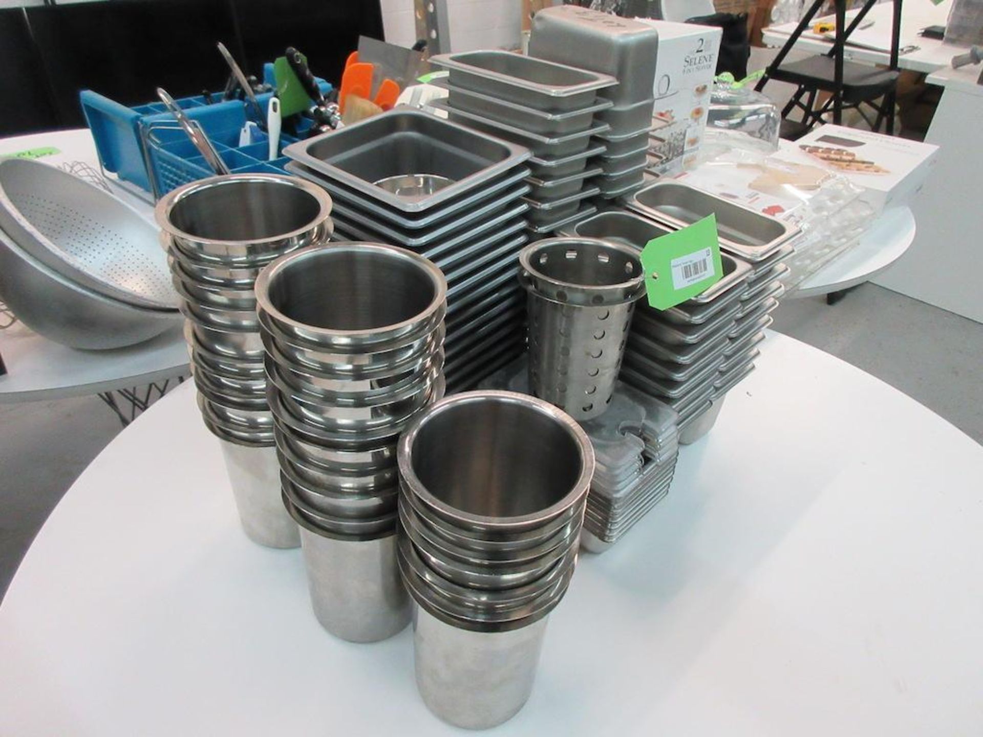 Lot 88 asst Stainless Steel 4"x7"x4" deep, 6"x6"x4" deep inserts, 5" dia x 6" deep inserts - Image 2 of 3