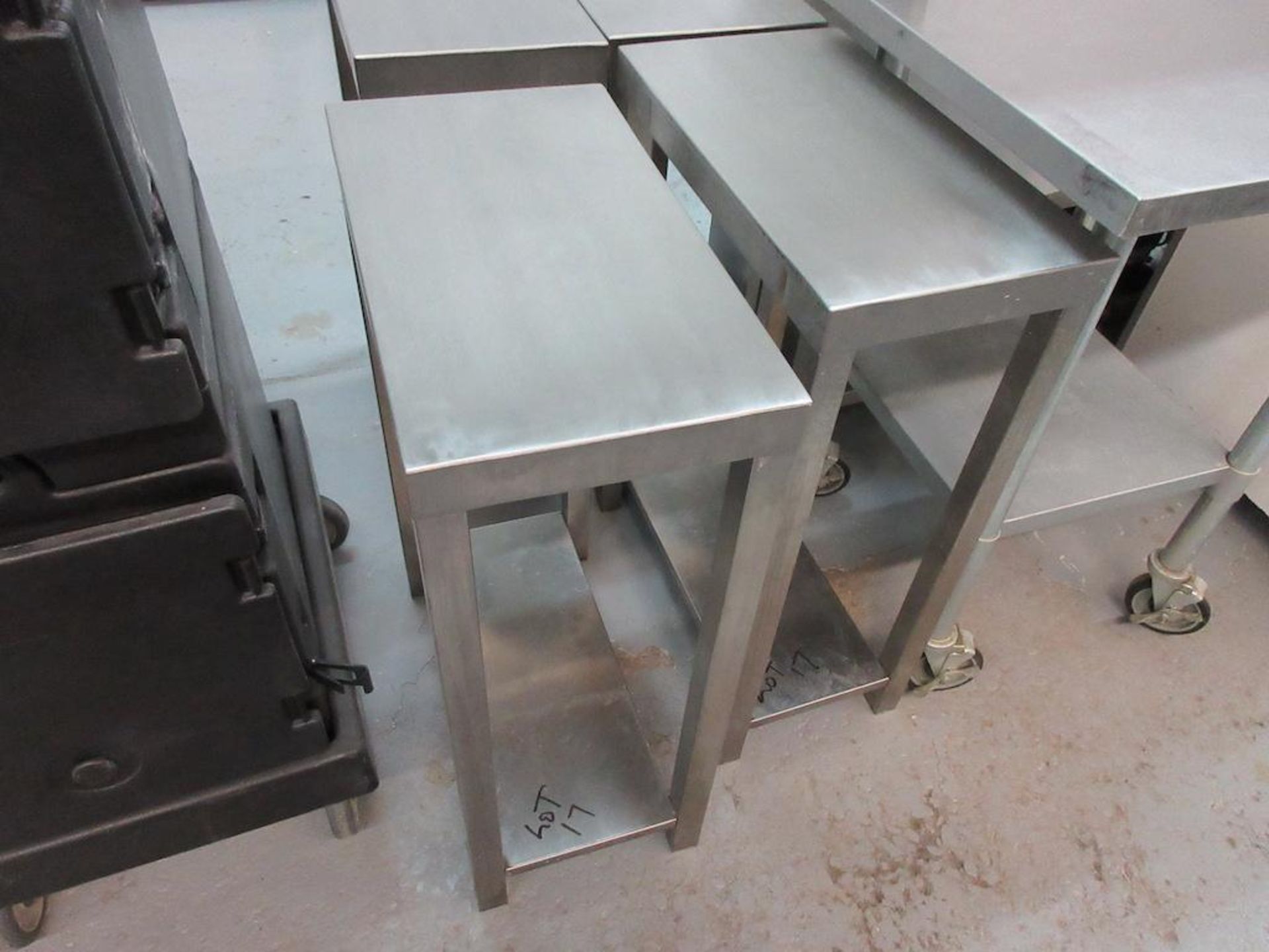 Lot 5 stainless steel prep tables: 24"x24" portable, (4) 12"x22" stationary - Image 3 of 4