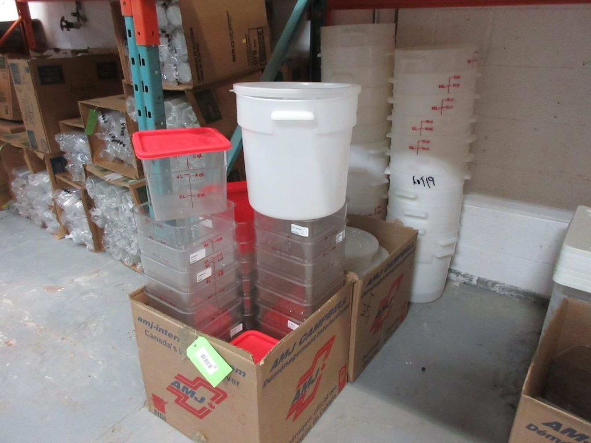 Lot asst. 26 plastic 18 qt pails w lids, 25 plastic 6 qt containers w lids