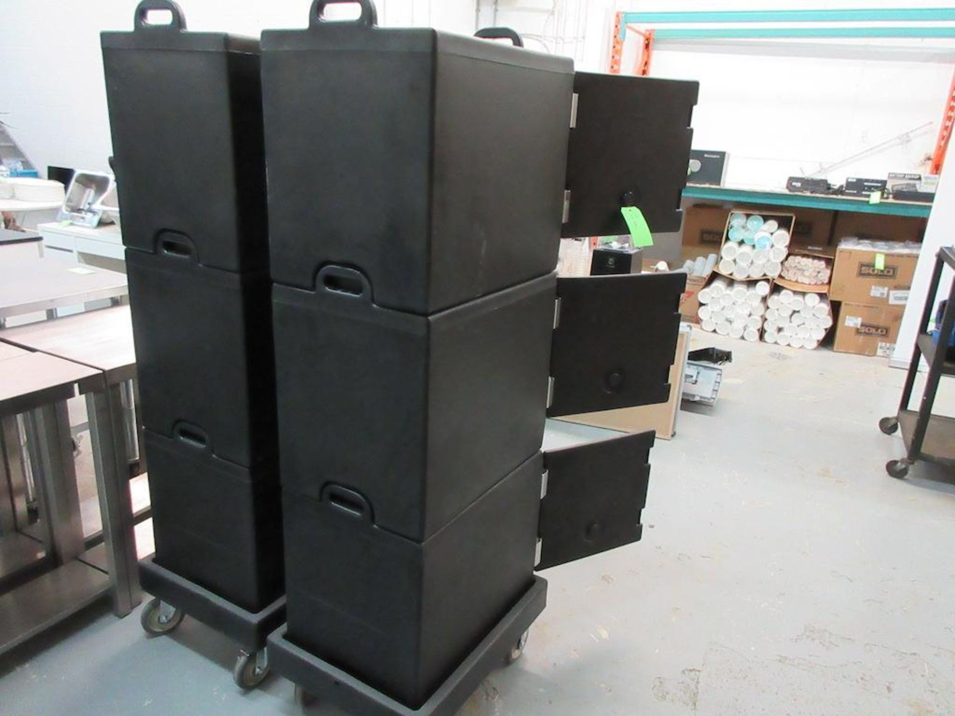 Lot 6 Cambro insulated transporters, 17"w x 24"d x 20"h, adjustable shelves, plus 2 rolling bases - Image 6 of 6