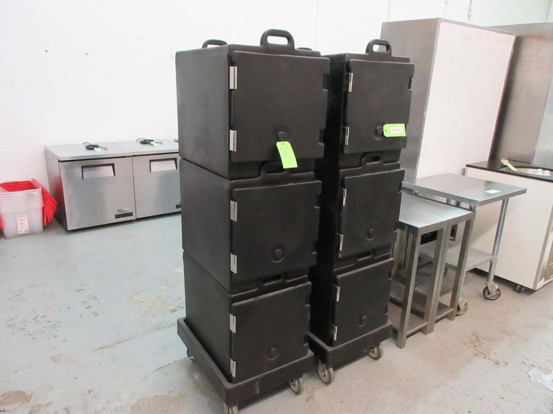 Lot 6 Cambro insulated transporters, 17"w x 24"d x 20"h, adjustable shelves, plus 2 rolling bases
