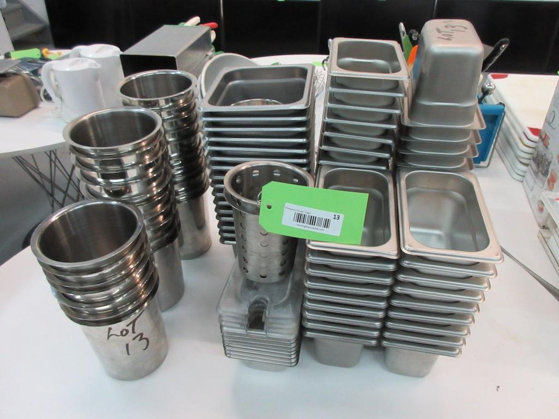 Lot 88 asst Stainless Steel 4"x7"x4" deep, 6"x6"x4" deep inserts, 5" dia x 6" deep inserts