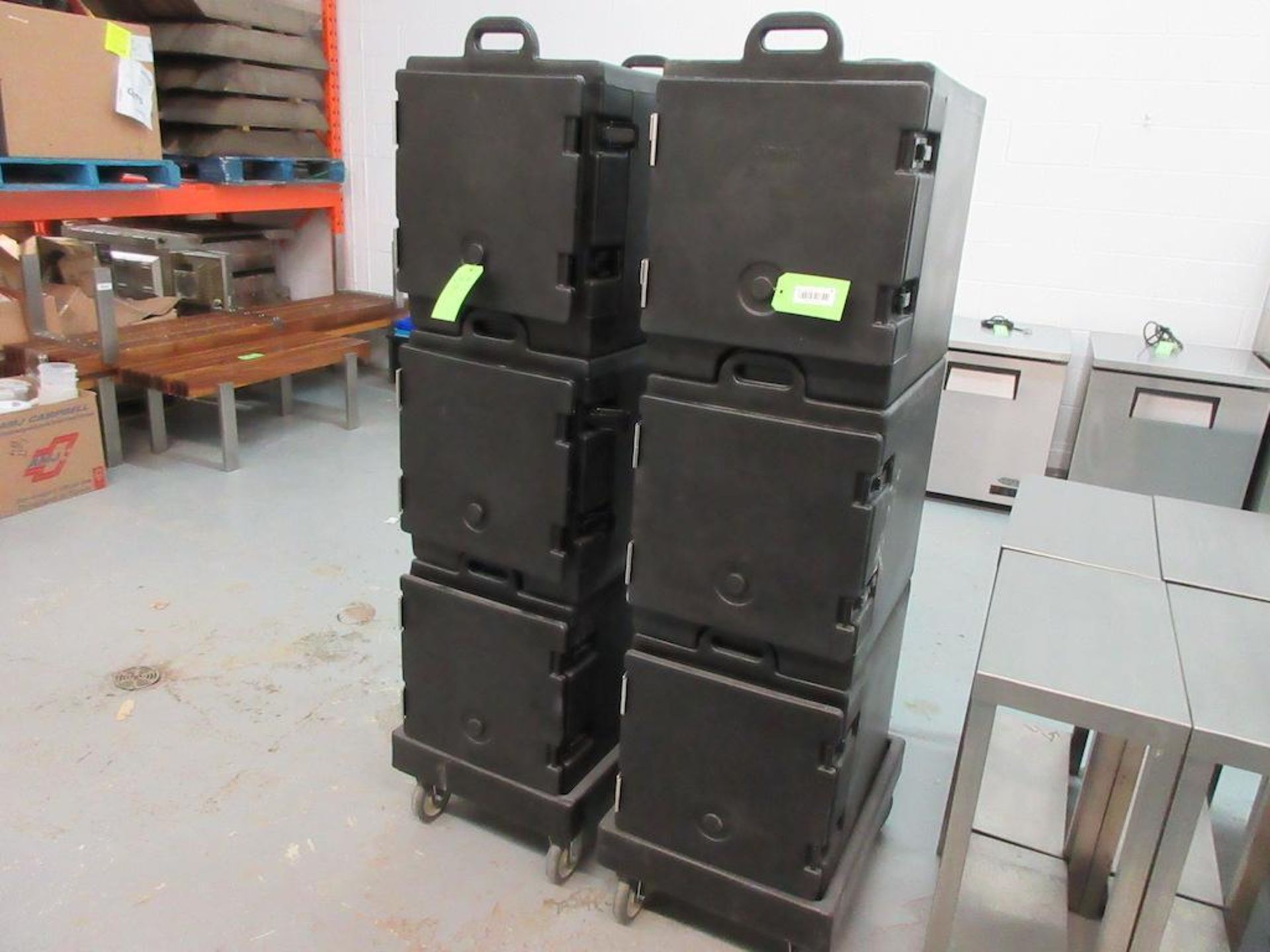 Lot 6 Cambro insulated transporters, 17"w x 24"d x 20"h, adjustable shelves, plus 2 rolling bases - Image 2 of 6
