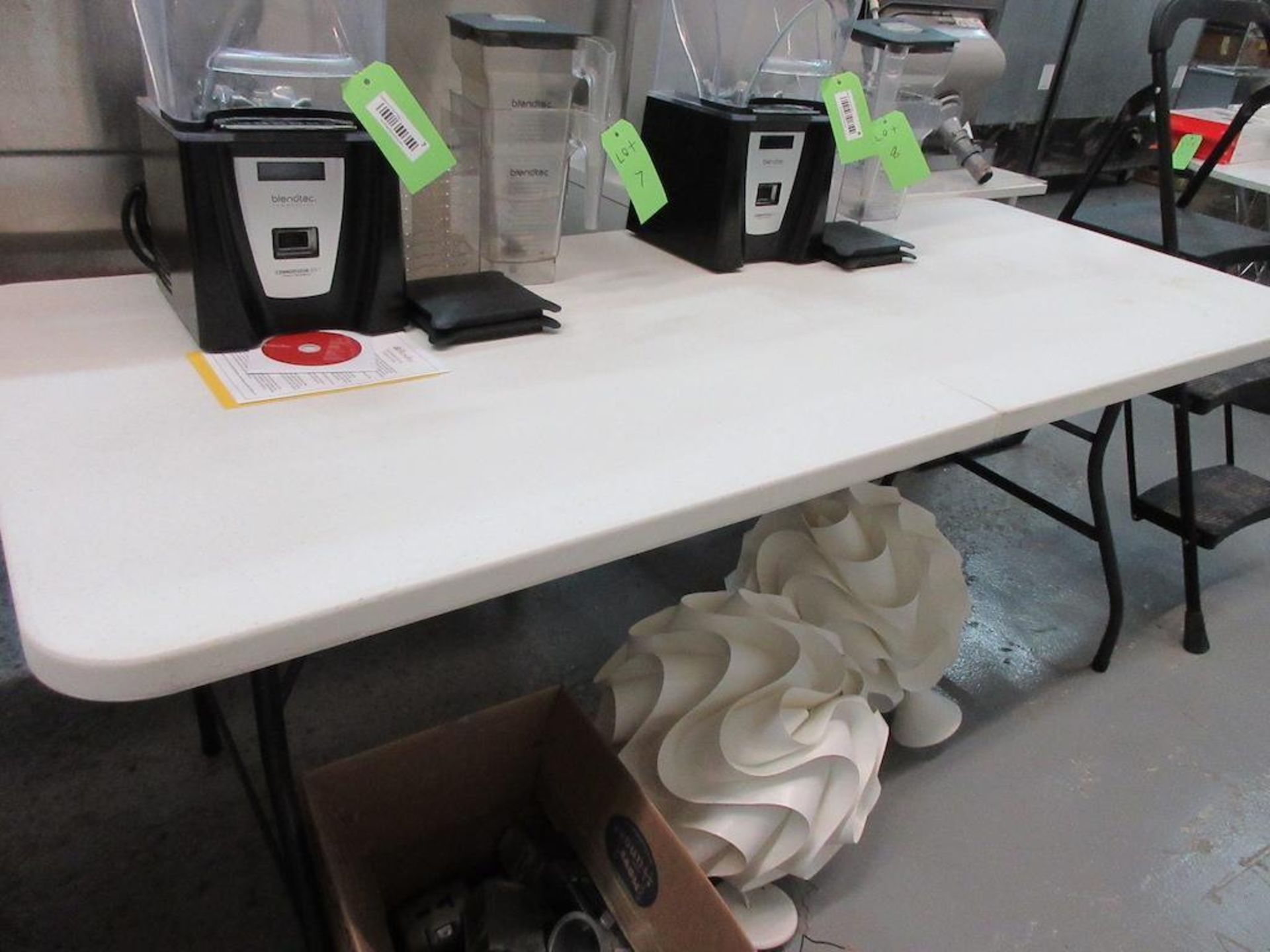 2 white 30"x71" plastic folding tables w white desk (tables only, not contents on or below) - Image 2 of 3