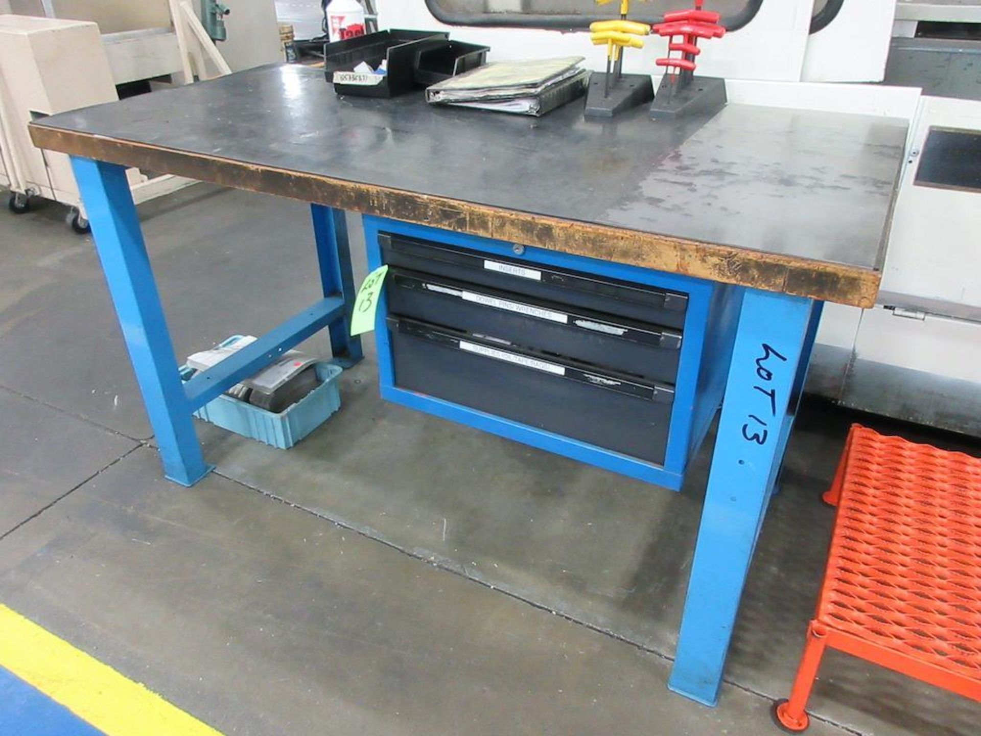 (1) Maple top & blue steel 60" x 30" work table w 6 drawers, (2) maple top & blue steel 60" x 30" wo - Image 3 of 4
