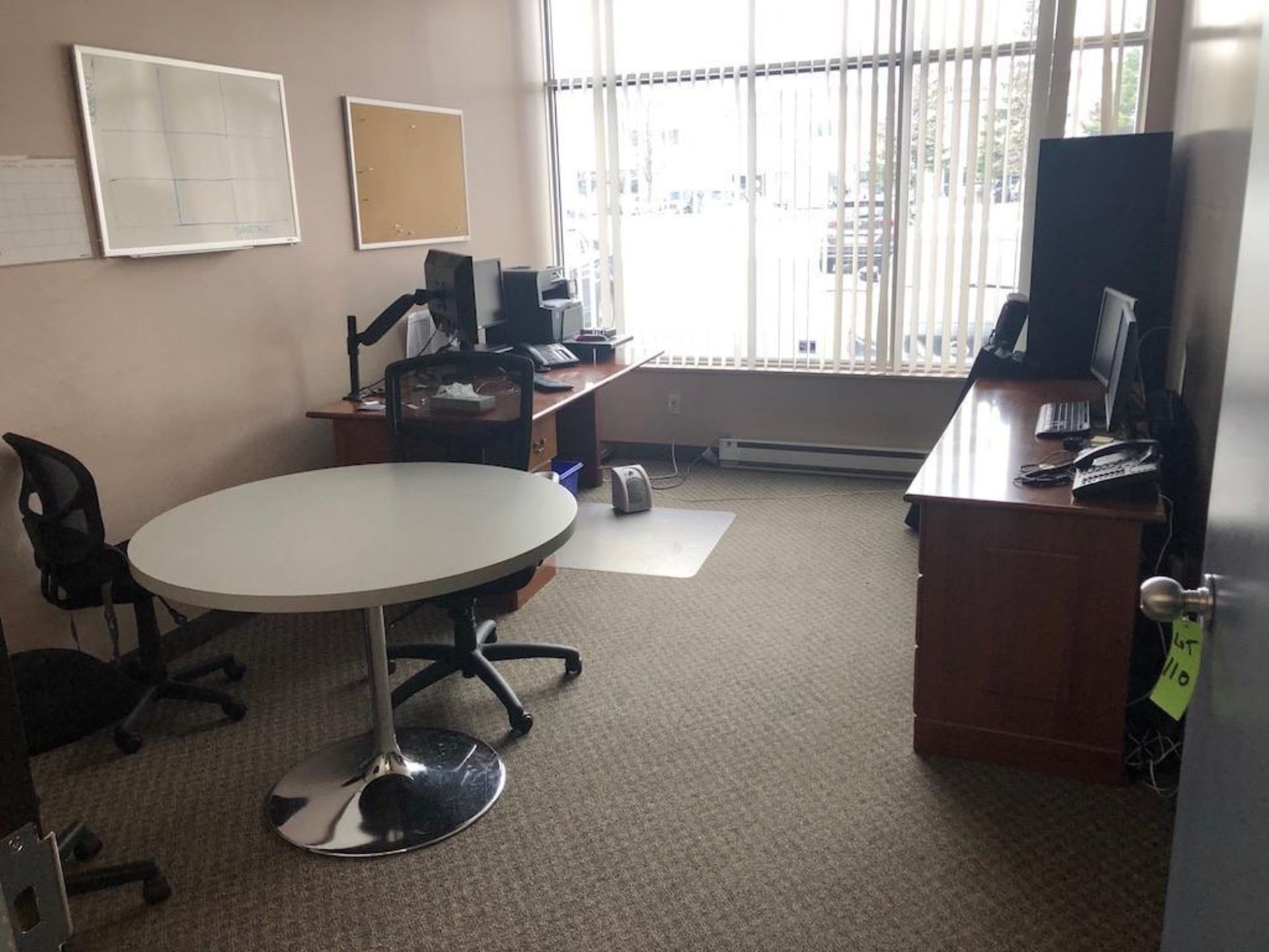 Office contents, furniture only: maple L shaped desk, 2 chairs, black 4 dr lateral file cabinet (no