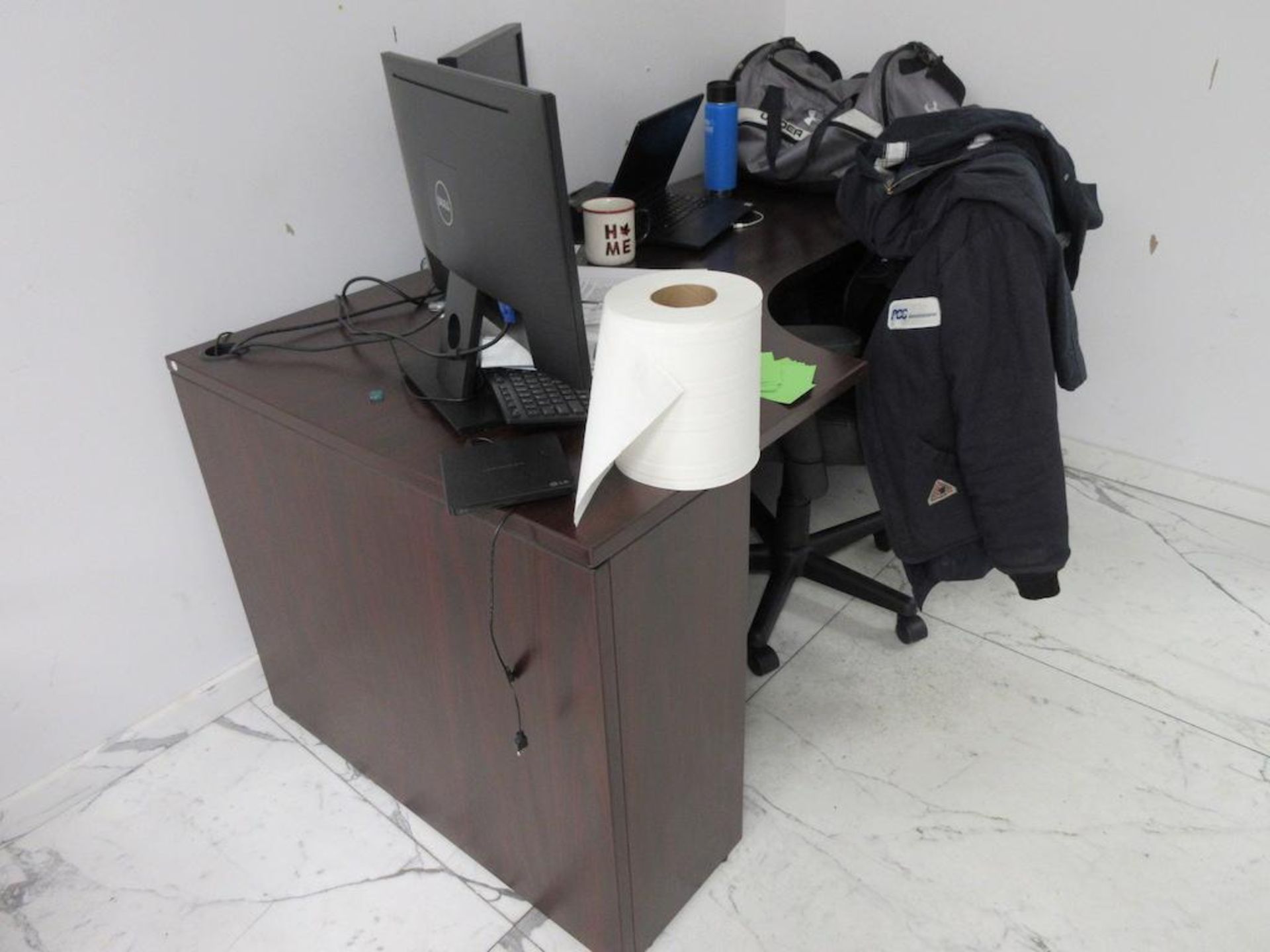 Office contents, furniture only: grey 8' boardroom table, dark desk, 4 dr lateral file cabinet, chai - Image 2 of 3