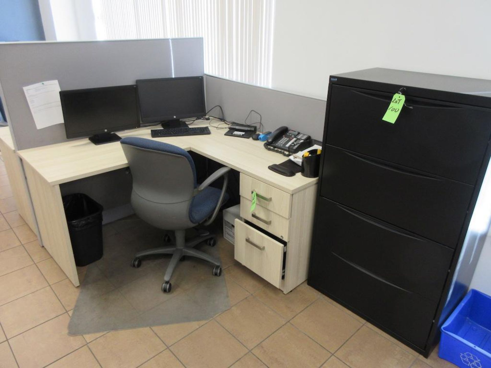 6 station grey office cubicles approx 60" x 60" x 60" w 6 light oak L shaped desks, 6 chairs, 4 dr l - Image 5 of 5