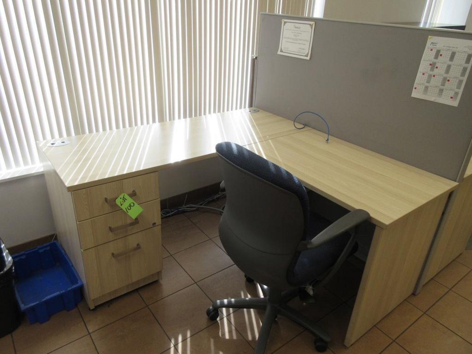 6 station grey office cubicles approx 60" x 60" x 60" w 6 light oak L shaped desks, 6 chairs, 4 dr l - Image 4 of 5