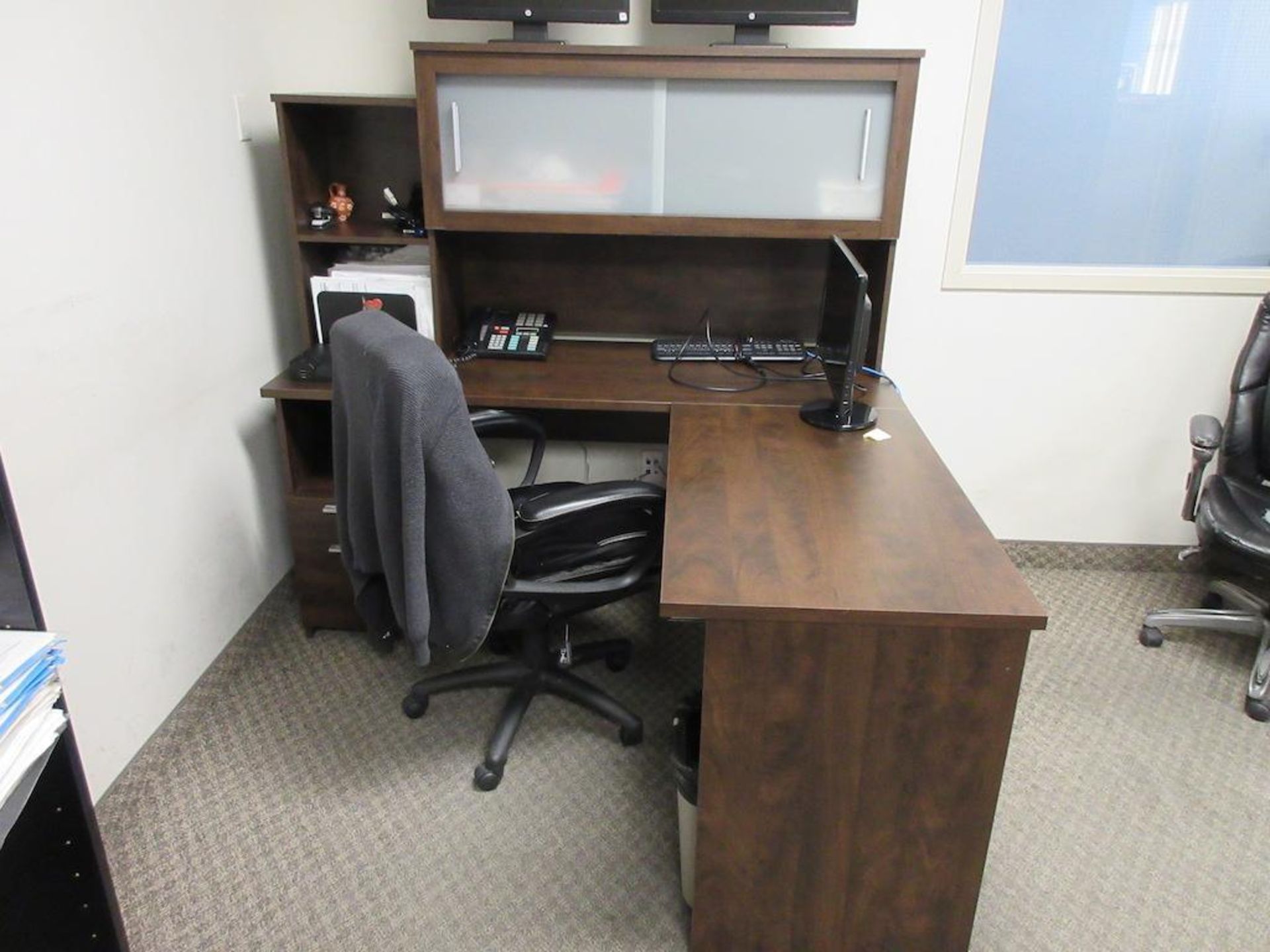 Office contents, furniture only: 2 dark maple L shaped desks, 5 chairs, 2 book cases (no computers, - Image 2 of 2