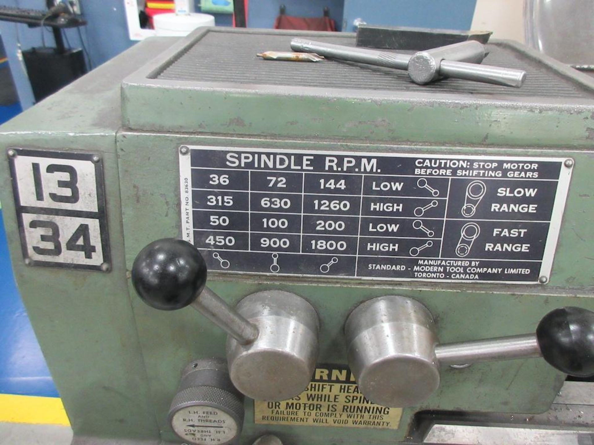 STANDARD MODERN lathe model 1334, 13" x 34", 6" 3 jaw chuck, 1.5" bore, tailstock, 36-1800 rpm, stea - Image 6 of 7