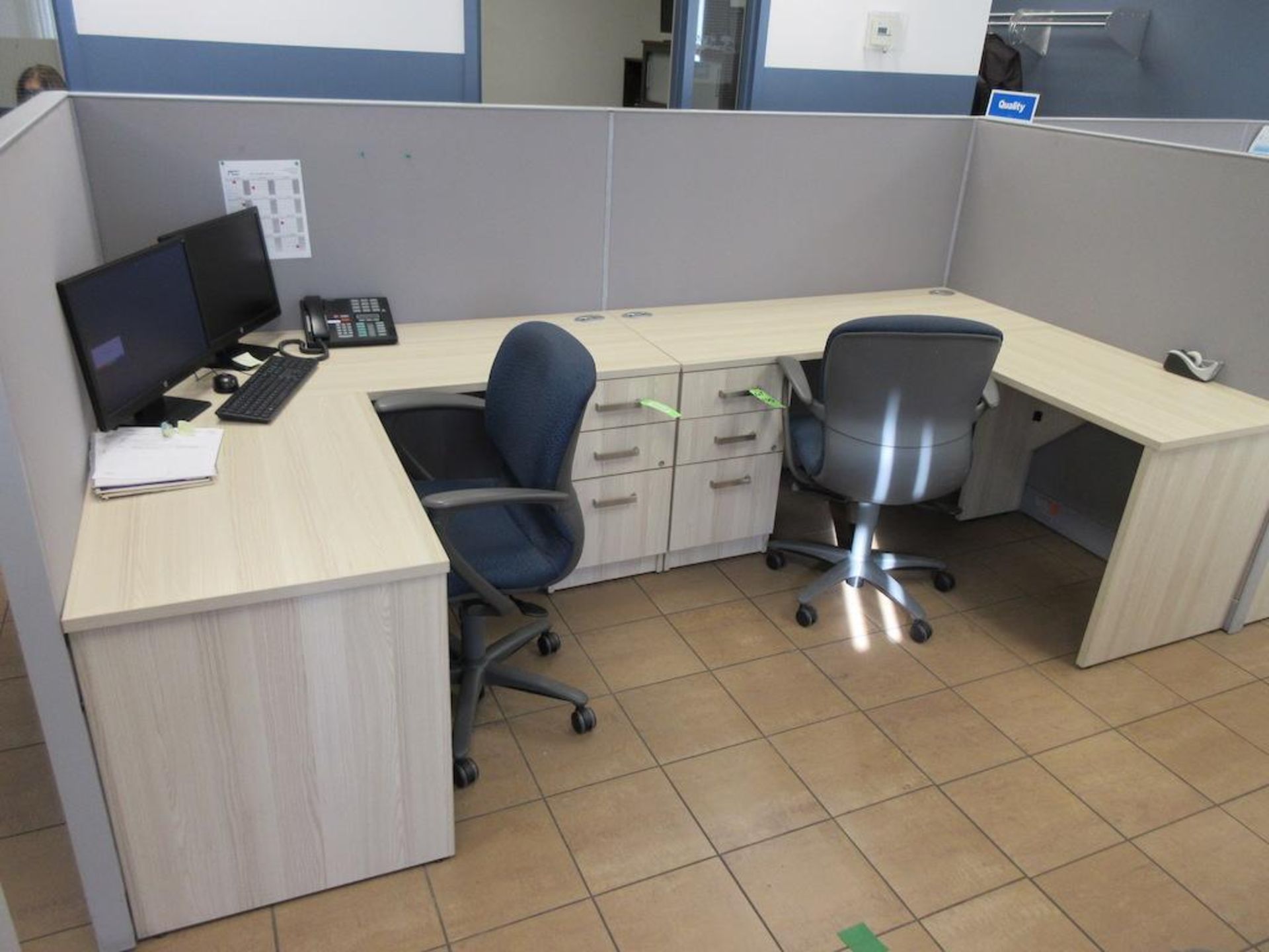 6 station grey office cubicles approx 60" x 60" x 60" w 6 light oak L shaped desks, 6 chairs, 4 dr l - Image 2 of 5