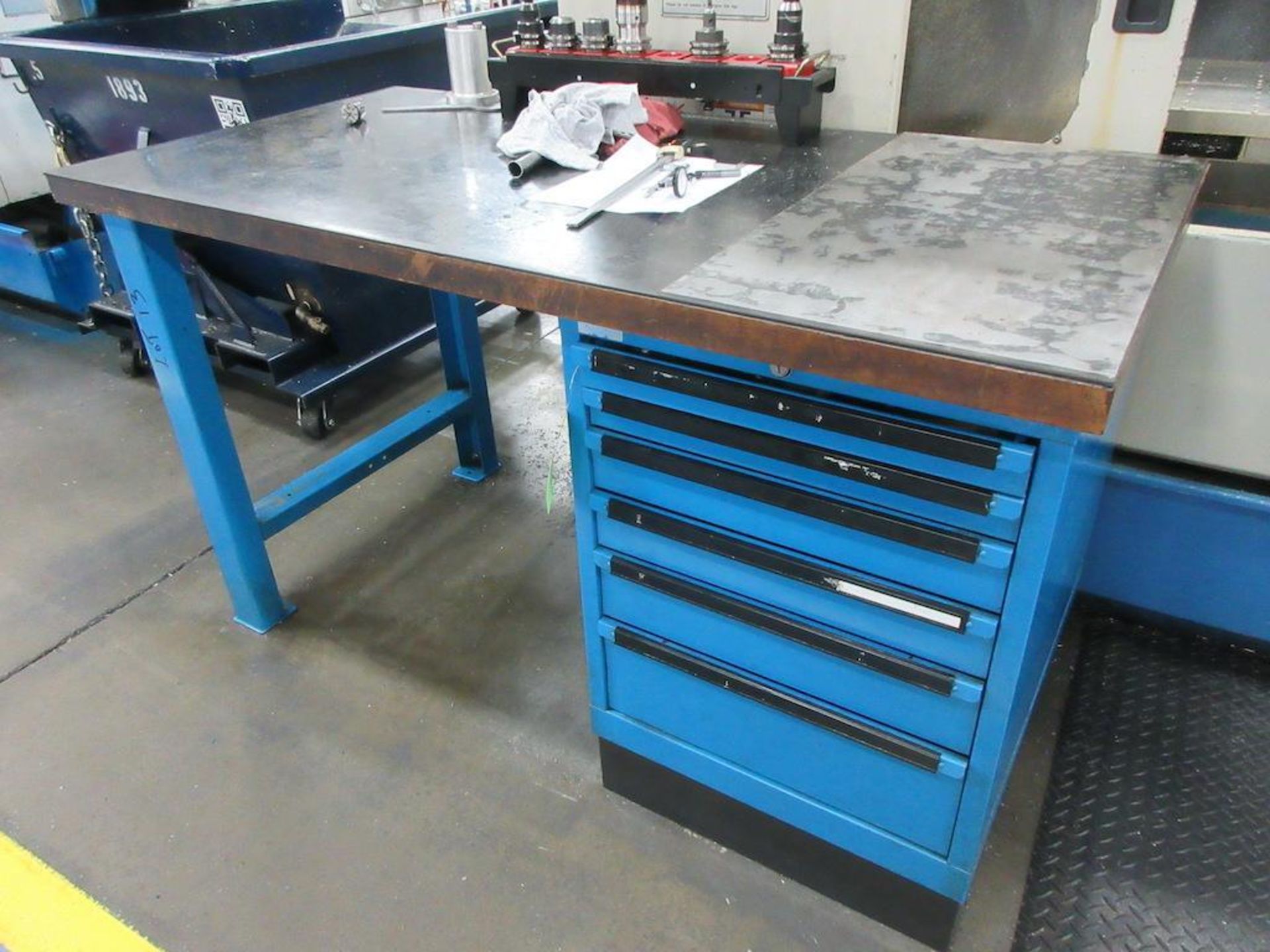 (1) Maple top & blue steel 60" x 30" work table w 6 drawers, (2) maple top & blue steel 60" x 30" wo