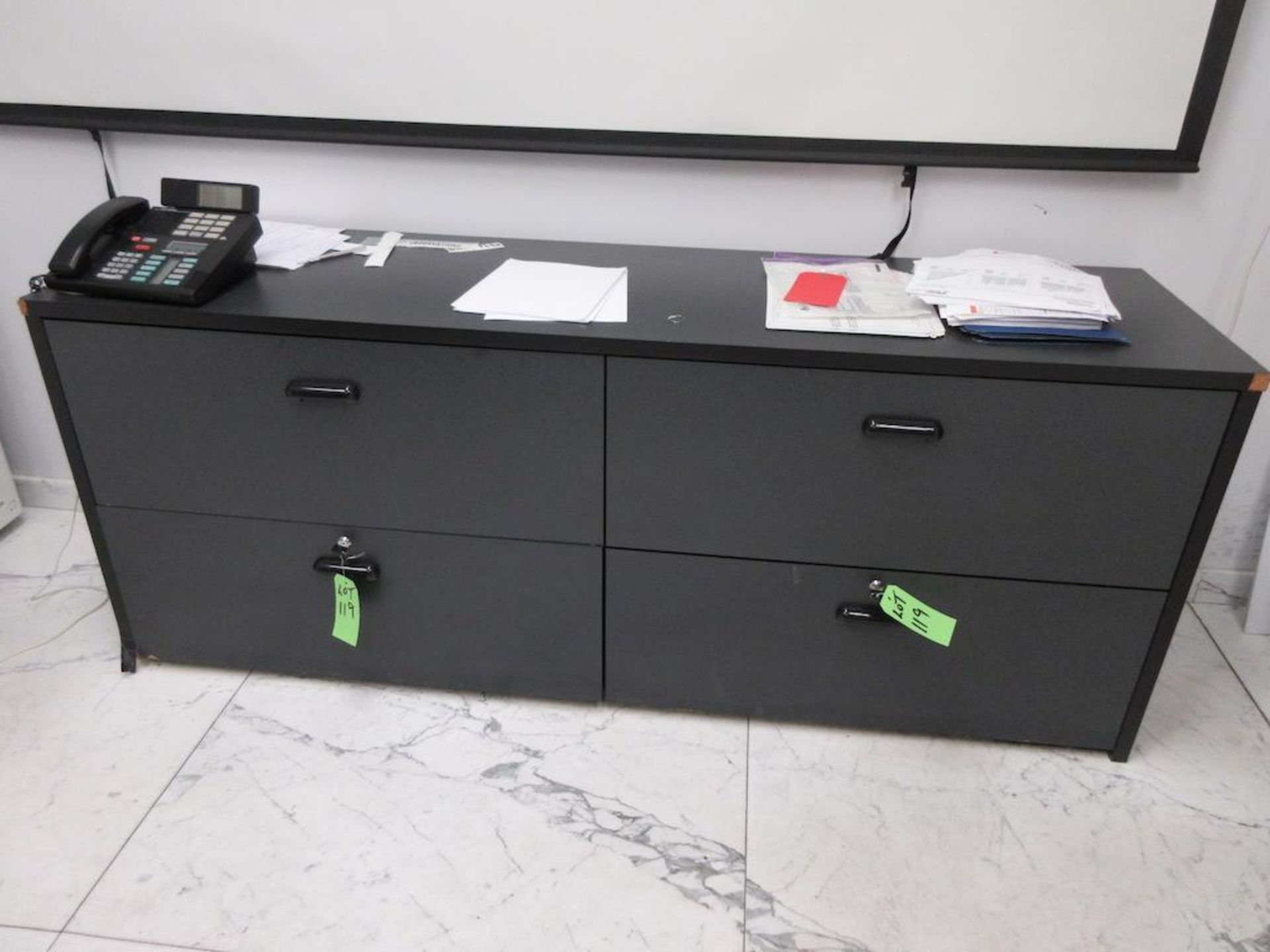 Office contents, furniture only: grey 8' boardroom table, dark desk, 4 dr lateral file cabinet, chai - Image 3 of 3