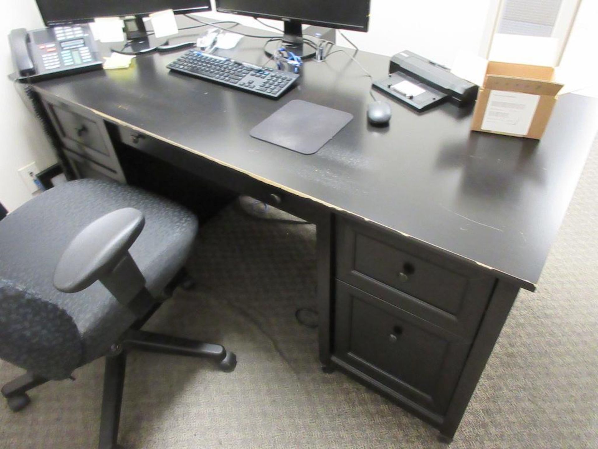 Office contents, furniture only: black desk & chair, maple display board (no computers, printers, ph - Image 2 of 2