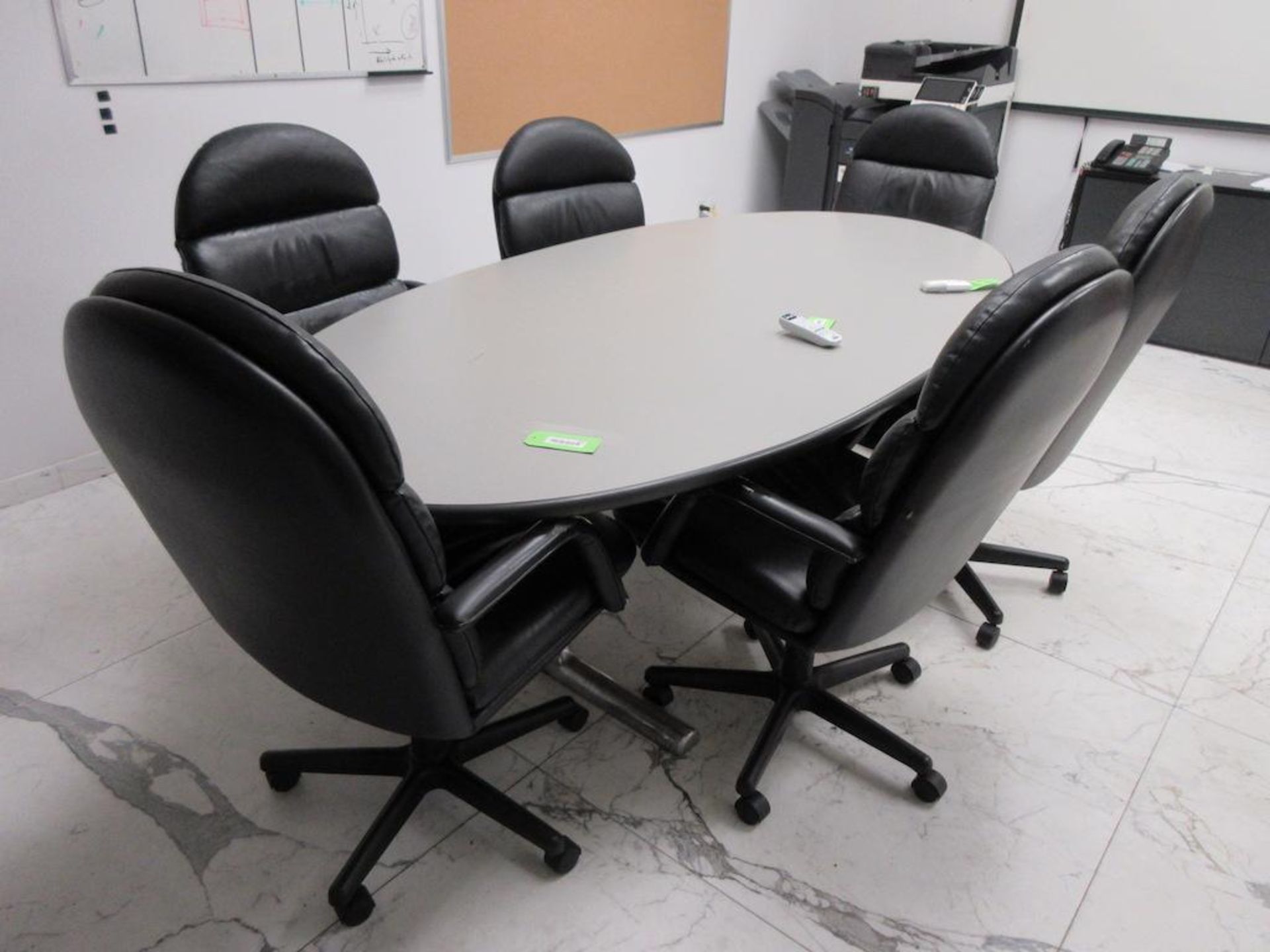 Office contents, furniture only: grey 8' boardroom table, dark desk, 4 dr lateral file cabinet, chai