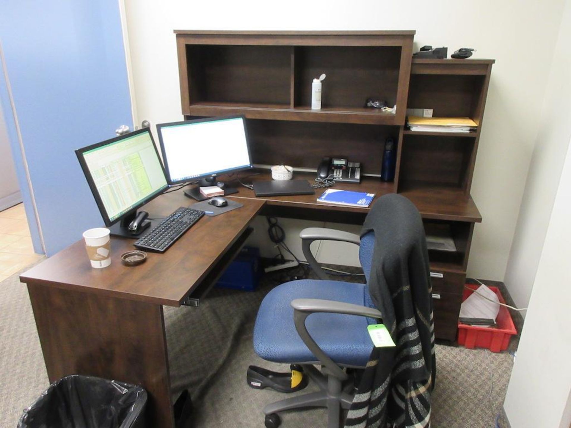 Office contents, furniture only: 2 dark maple L shaped desks, 5 chairs, 2 book cases (no computers,