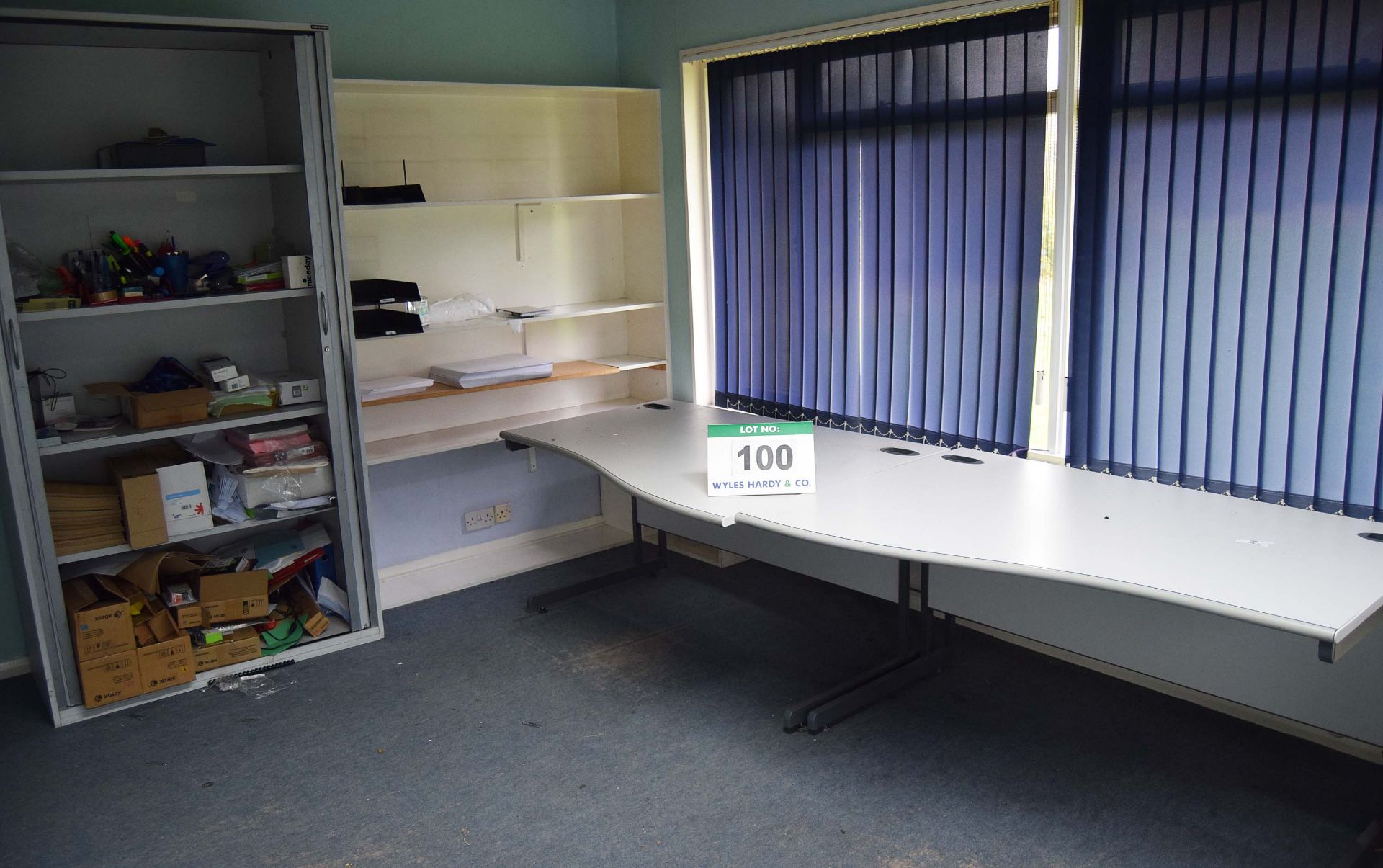 Two Grey Laminate Finish Wave Fronted Office Tables and A Grey Steel Horizontal Action Double