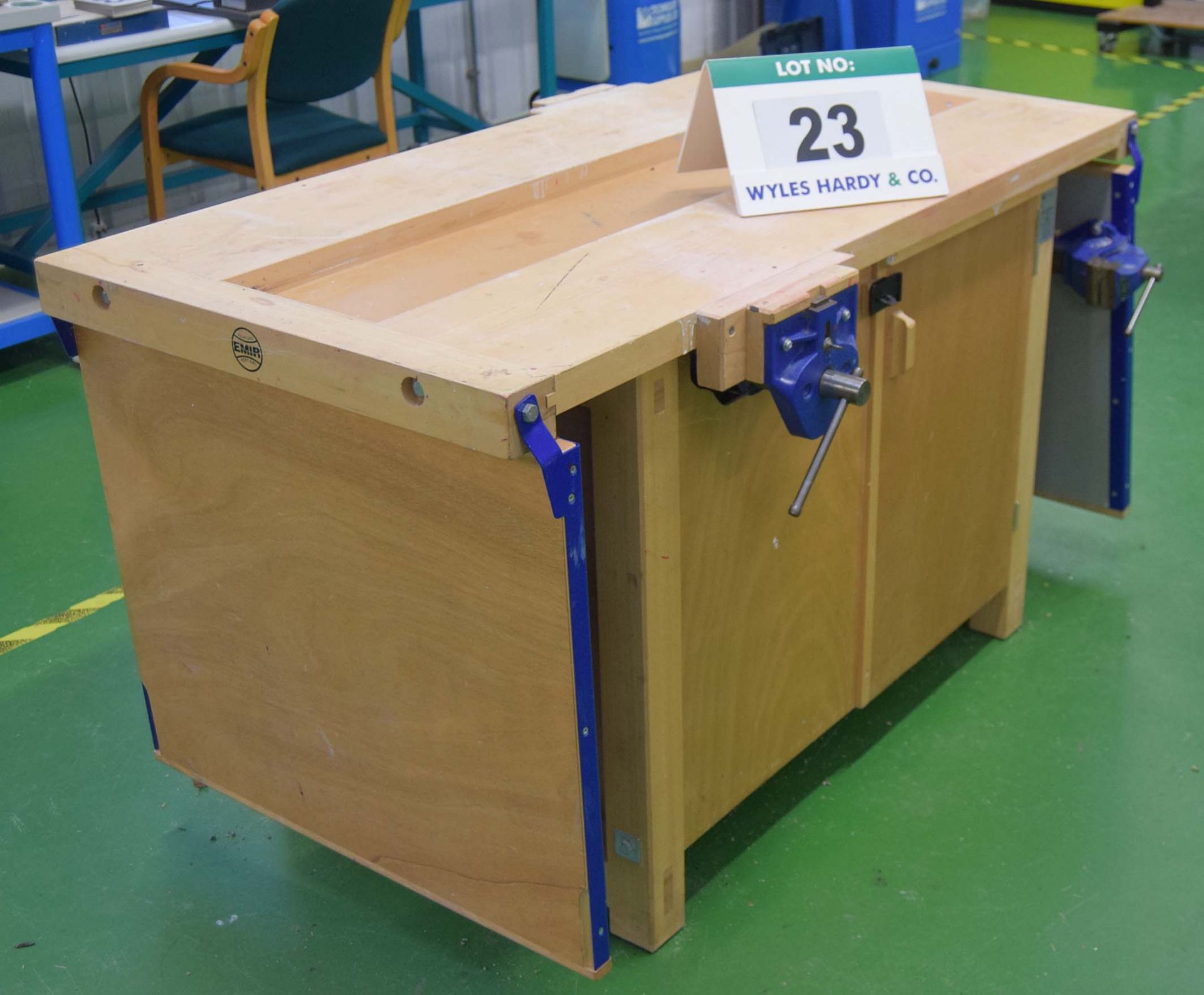 An EMIR Dual Convertible Wood and Metal Workbench, with Well Top Beech Wood Working configuration