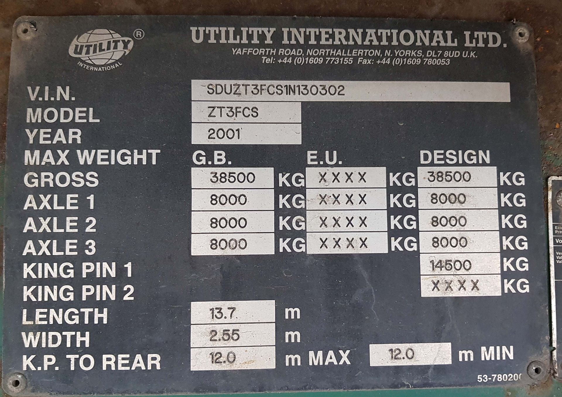 A UTILITY INTERNATIONAL LTD ZT3FCS 38500Kg Capacity 13.7M Tri-Axle Air Suspended Curtain Sided - Image 7 of 8