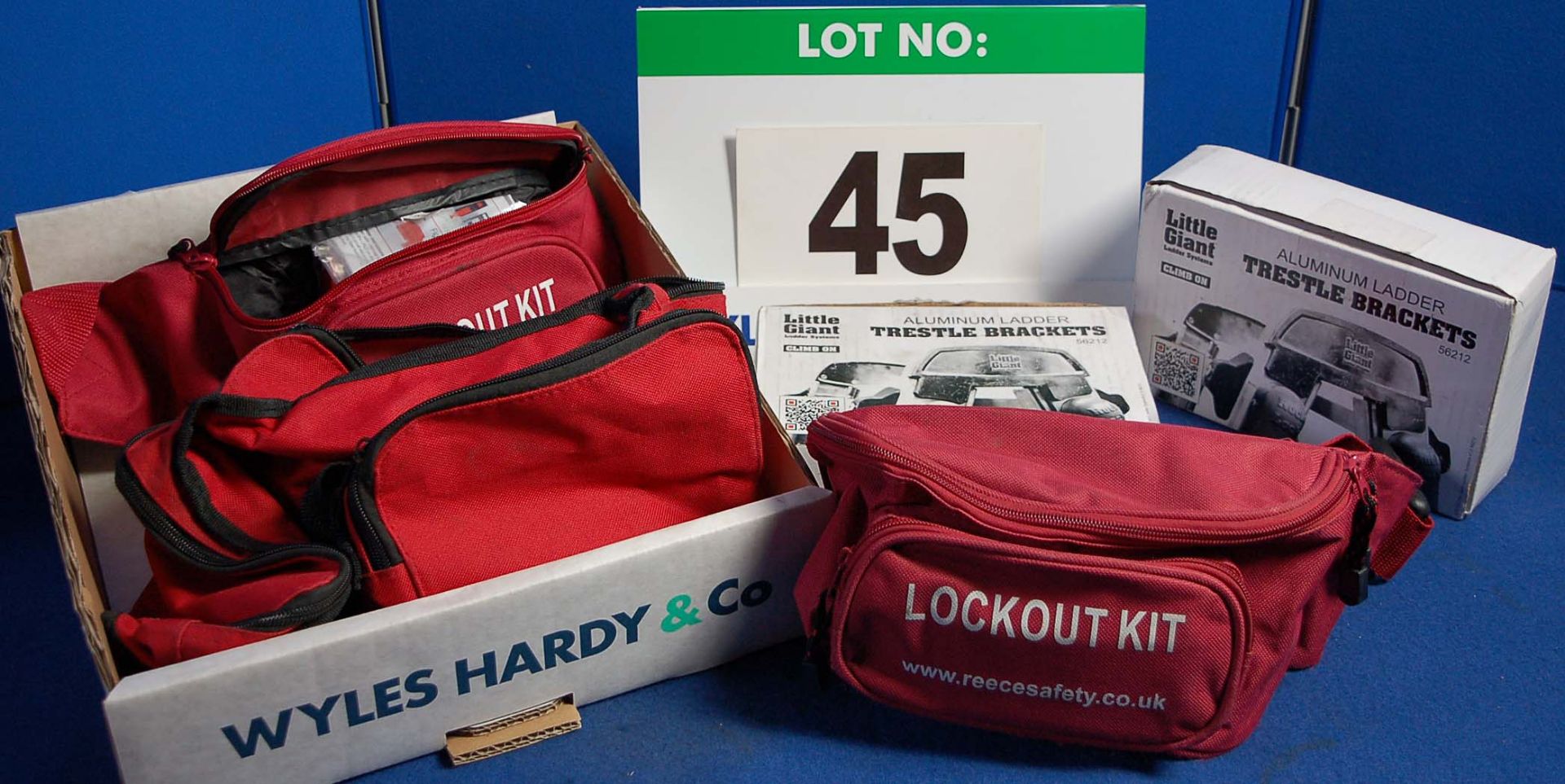 Three Ladder Lock-Out Kits in Soft Bum Bags and Two Pairs of LITTLE GIANT LADDER SYSTEMS Aluminium