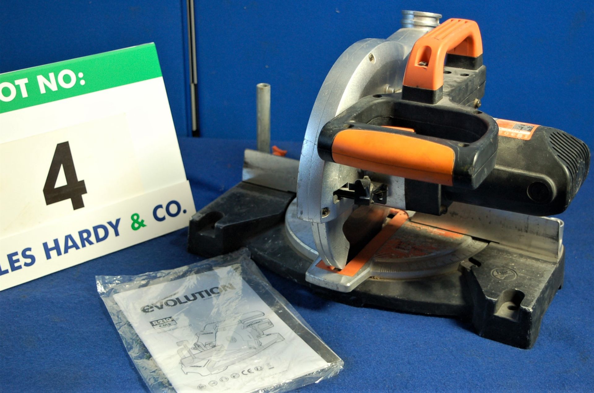 An EVOLUTION Rage 210mm 240V AC Benchtop Compound Mitre Saw